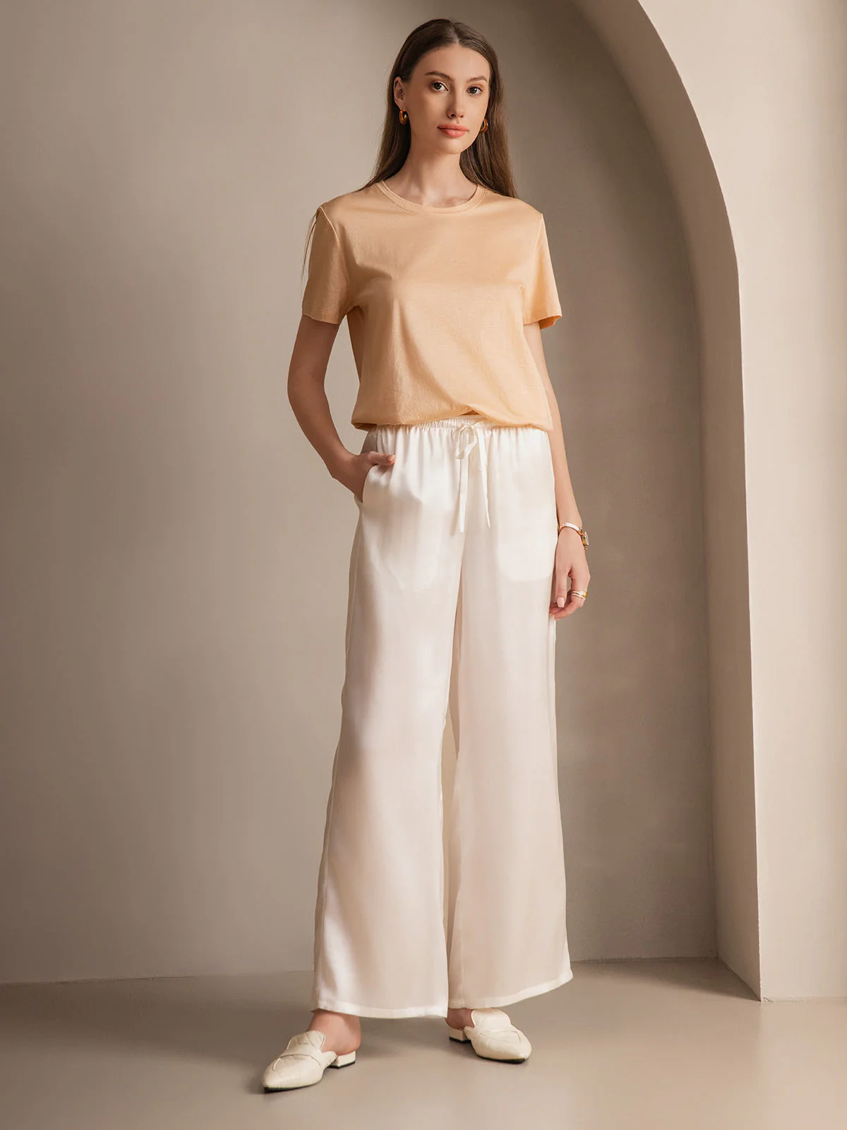 Pure Silk Wide Leg Women's Pants with Elastic Waist Design - Image 54