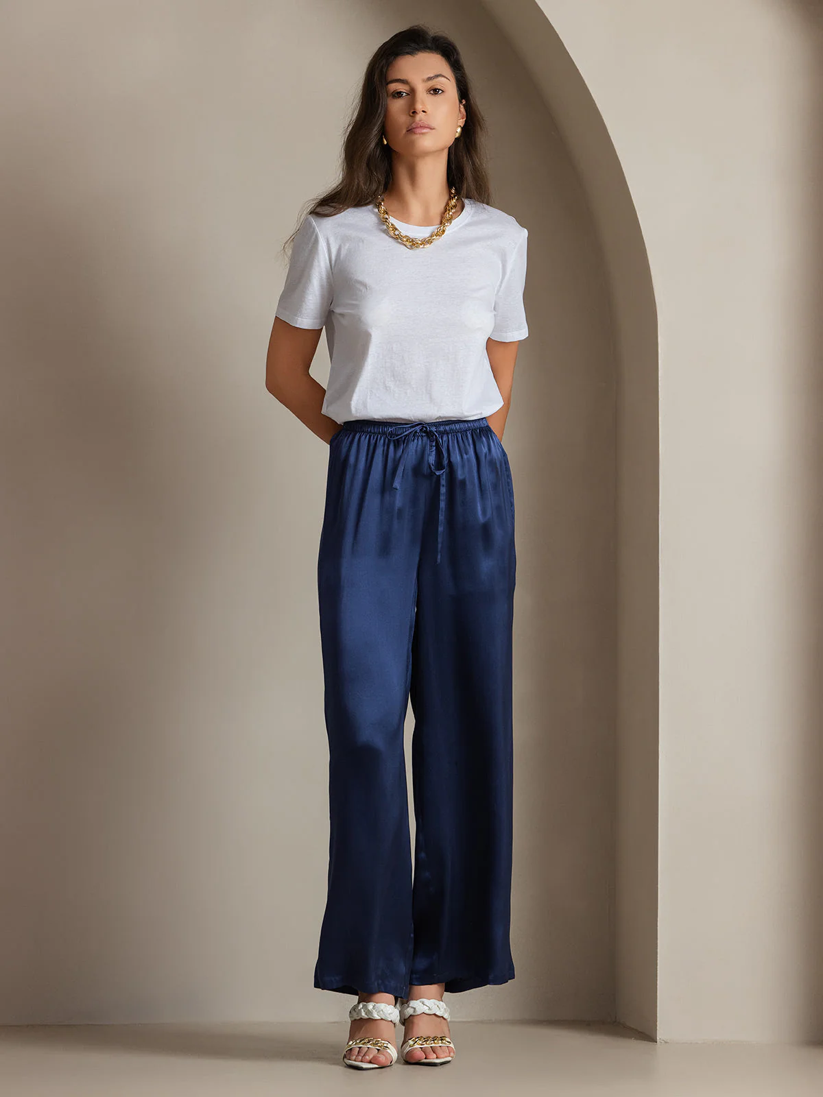 Pure Silk Wide Leg Women's Pants with Elastic Waist Design - Image 63