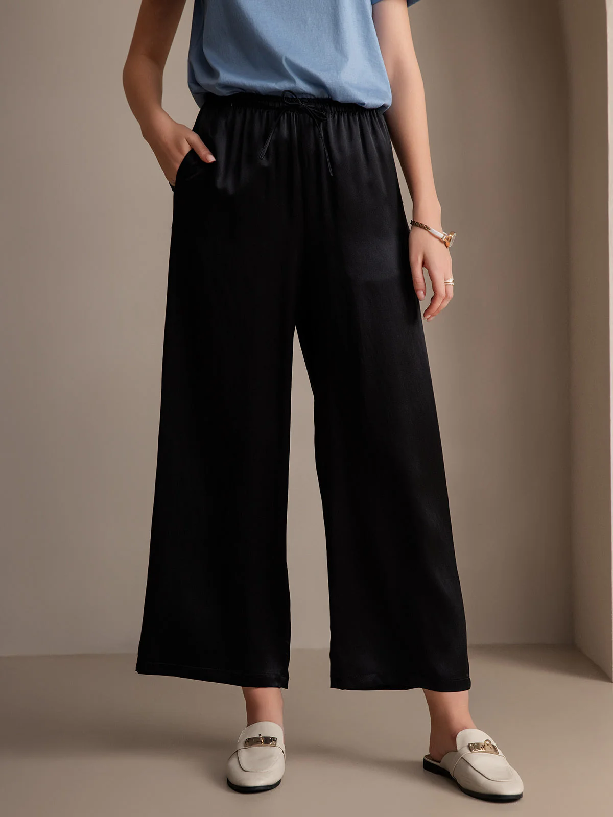 Pure Silk Wide Leg Women's Pants with Elastic Waist Design - Image 9