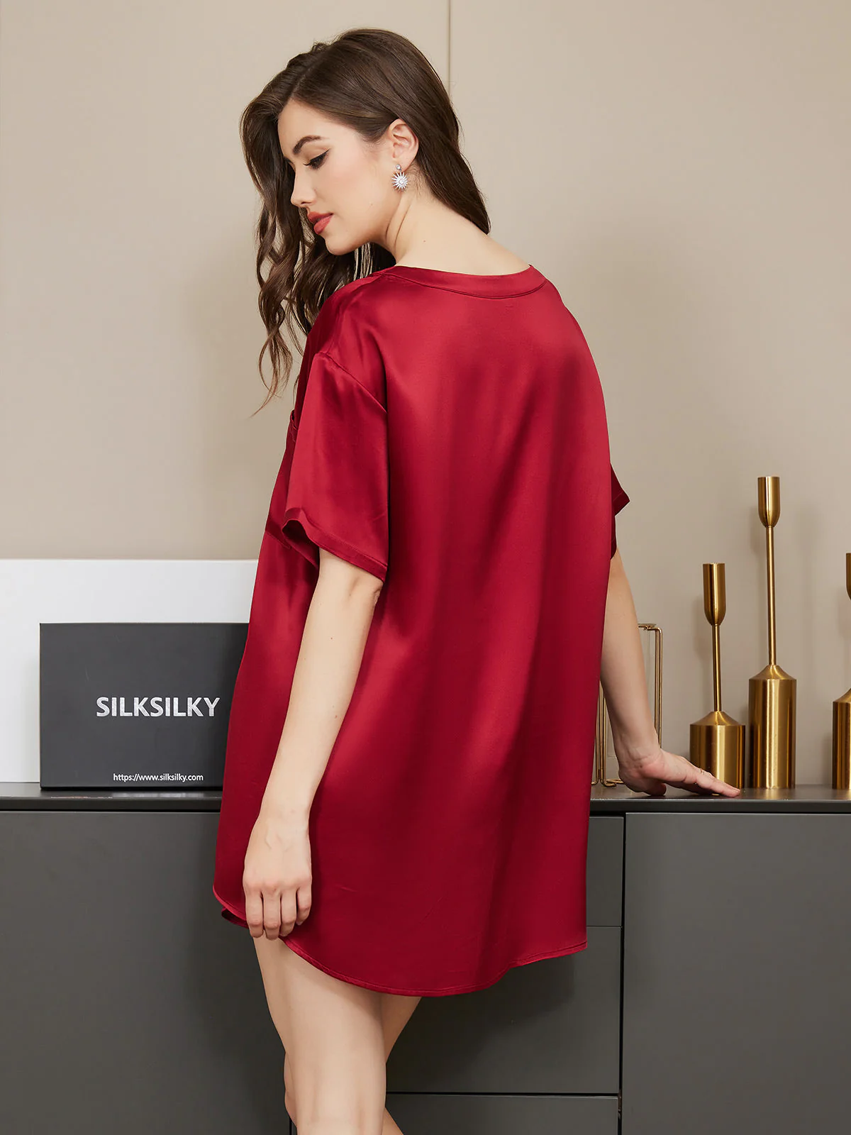 Pure Silk Short Sleeve Round Neck Womens Sleep Tee (Shorts Not Included) - Image 17