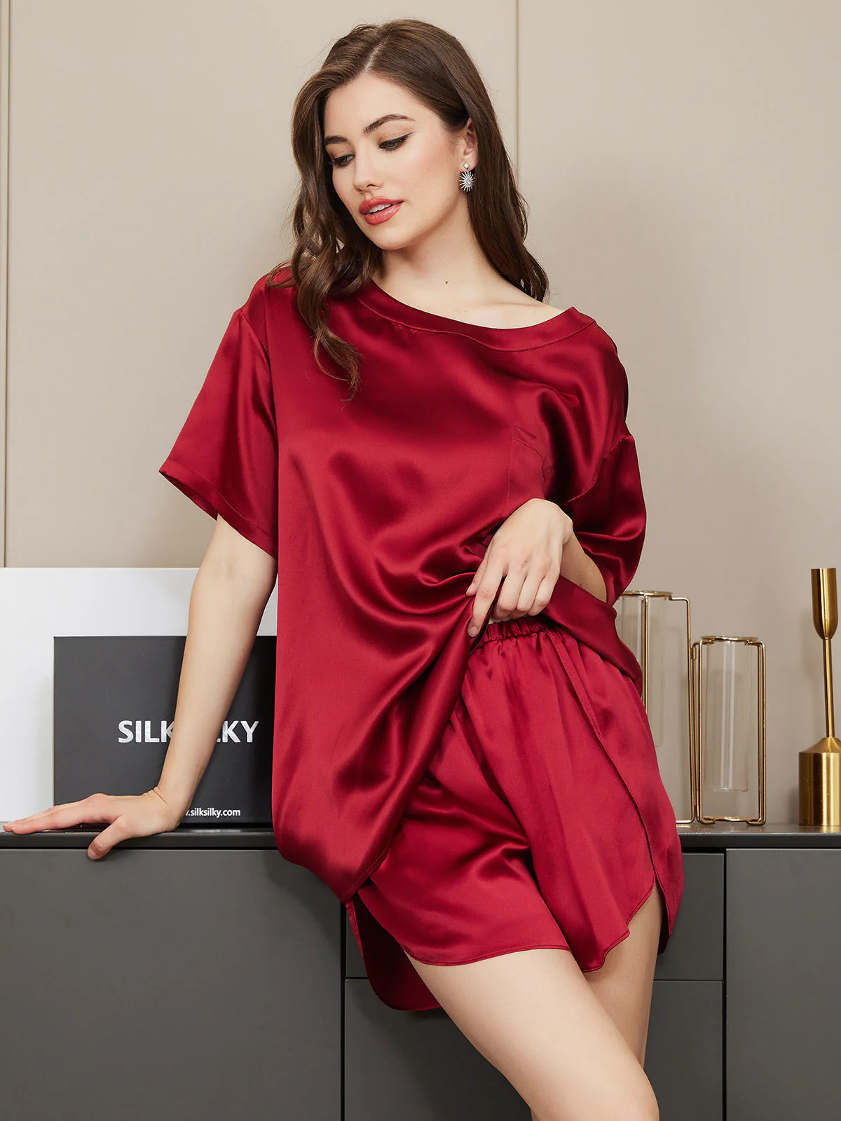 Pure Silk Short Sleeve Round Neck Womens Sleep Tee (Shorts Not Included) - Image 20