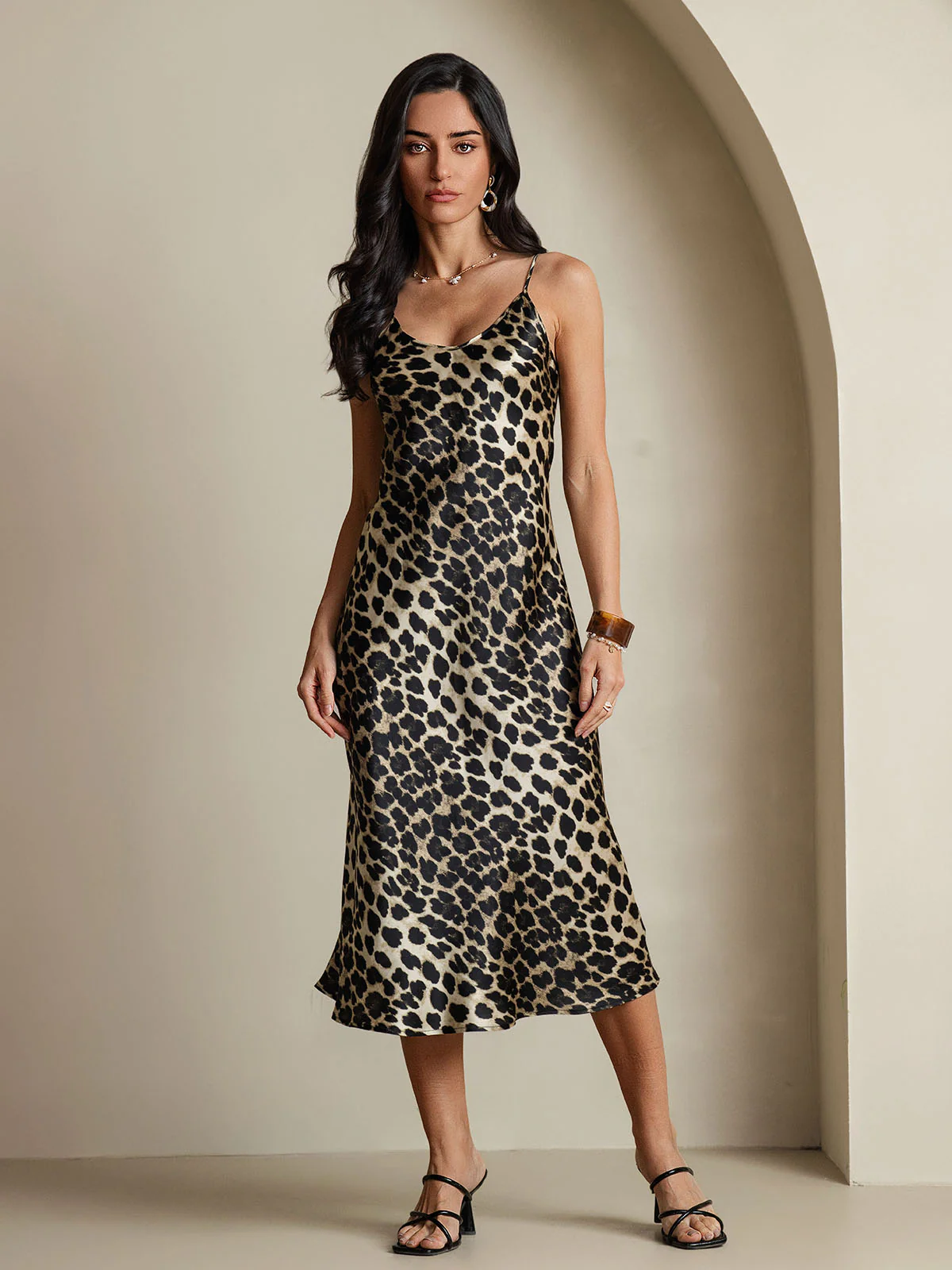 Pure Silk Leopard Print Spaghetti Strap V Neck Midi Dress