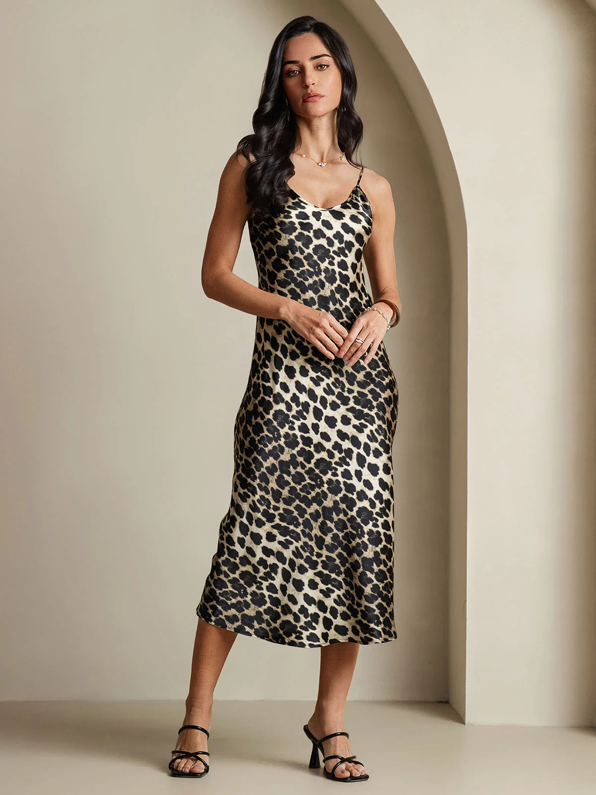 Pure Silk Leopard Print Spaghetti Strap V Neck Midi Dress - Image 9