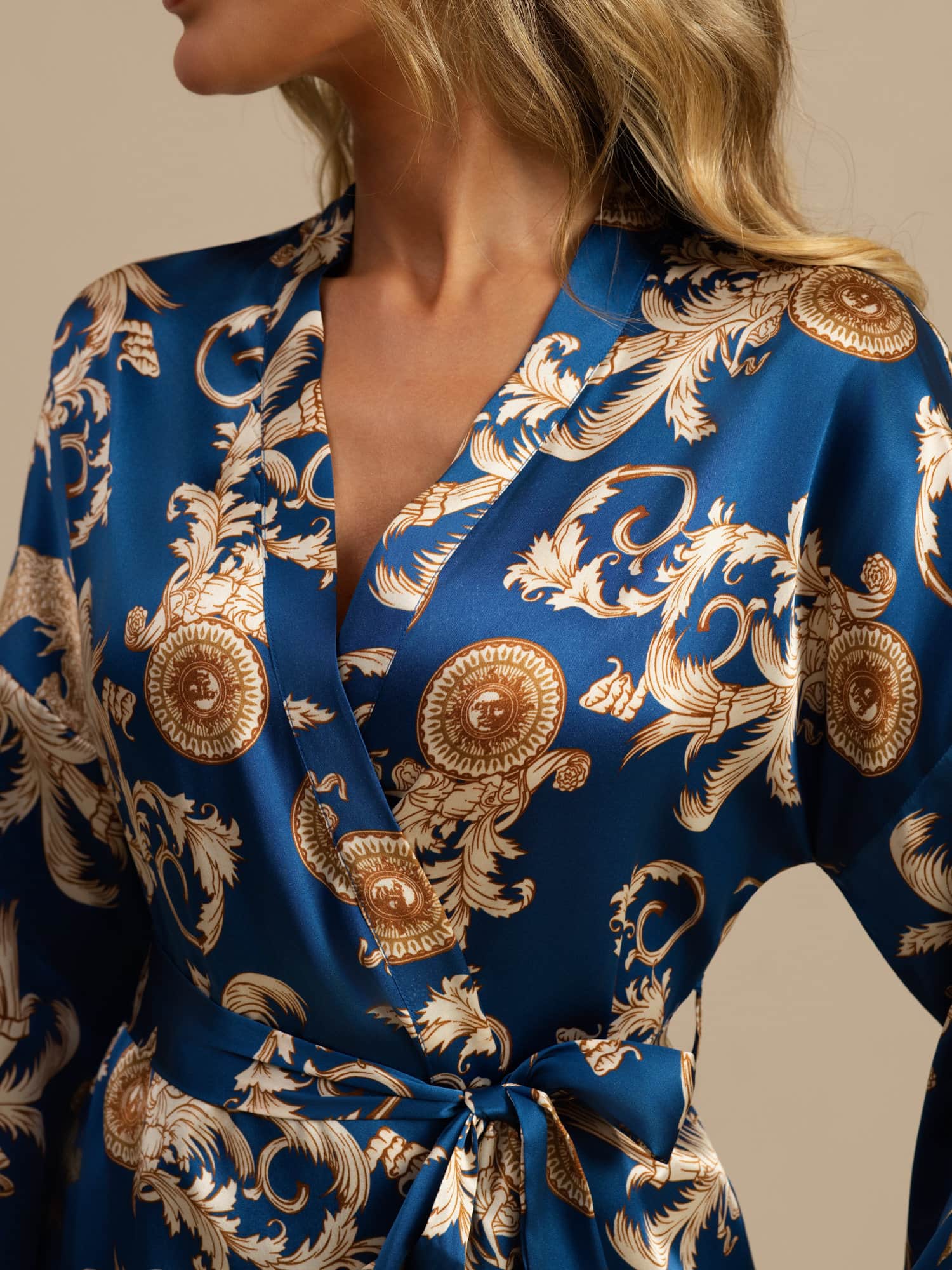 Pure Silk Dragon Print 3/4 Sleeve Women's Kimono Dressing Gown With Belt - Image 17