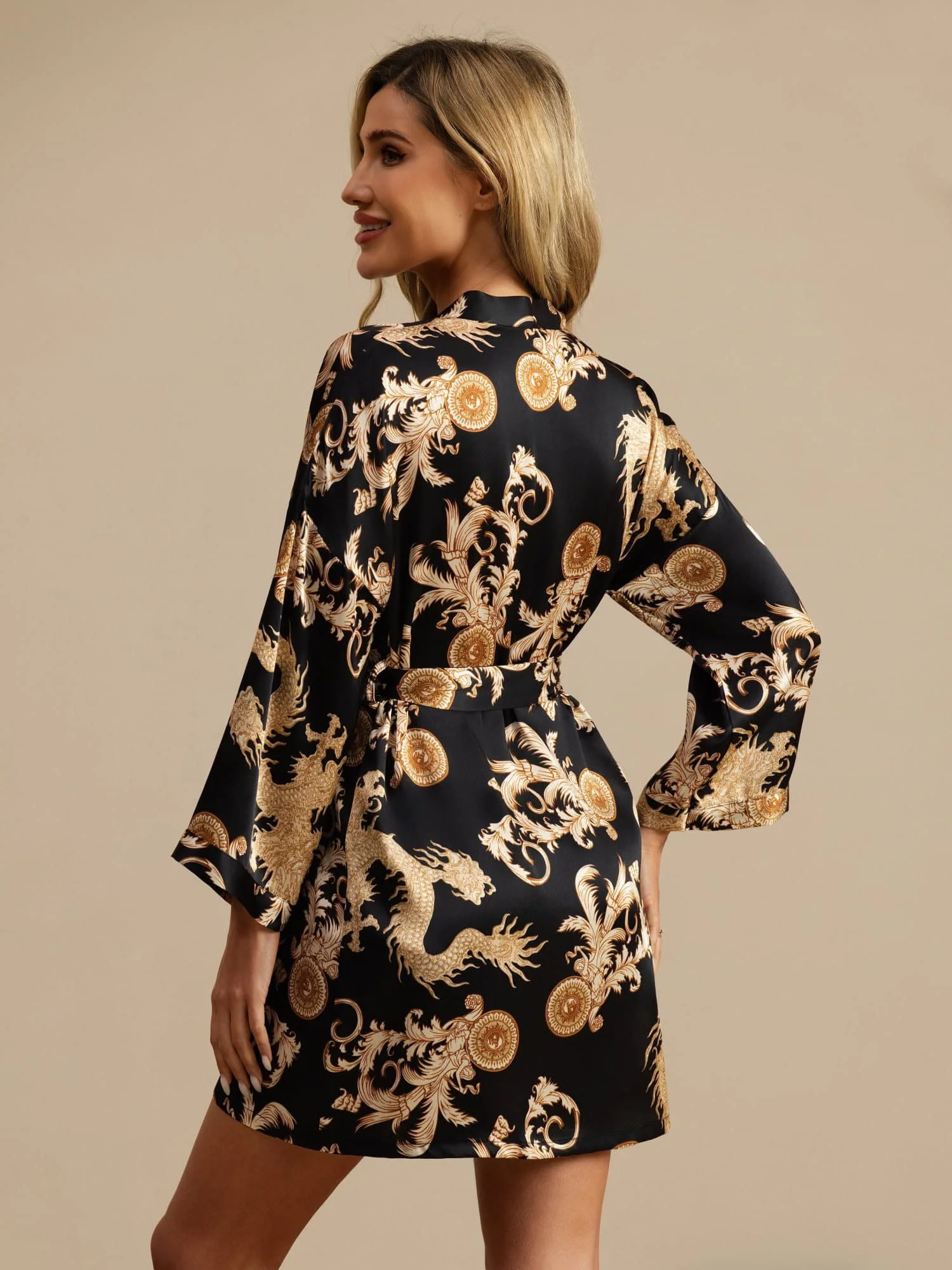 Pure Silk Dragon Print 3/4 Sleeve Women's Kimono Dressing Gown With Belt - Image 2