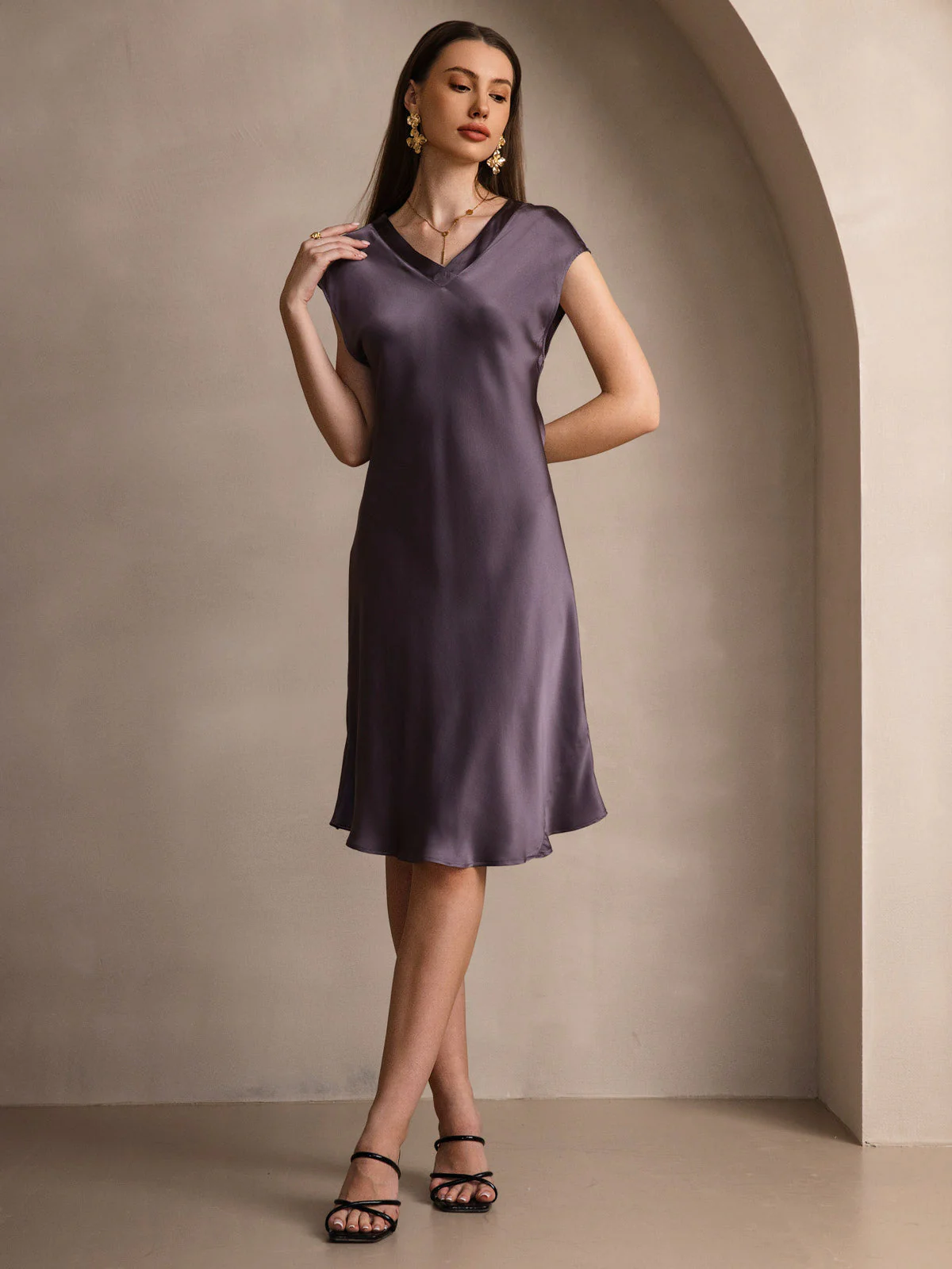 Pure Silk Cap Sleeve V Neck Knee Dress - Image 11