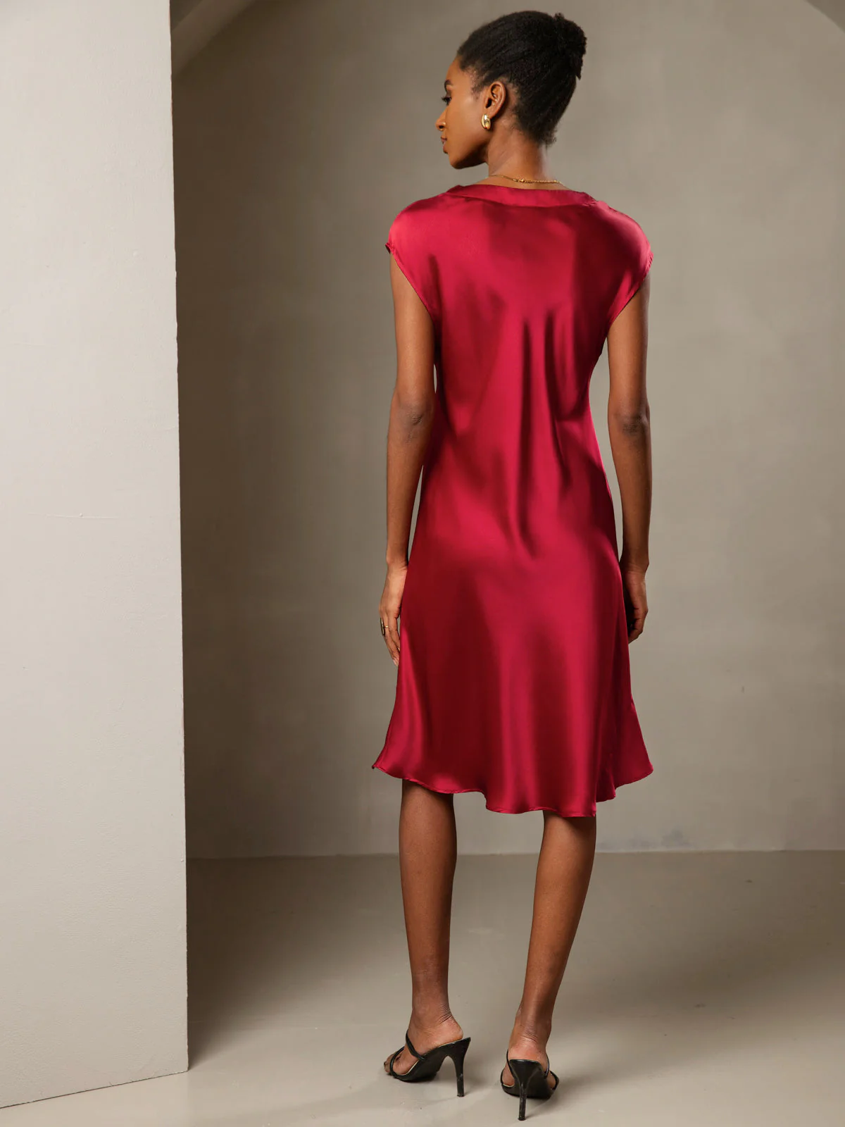 Pure Silk Cap Sleeve V Neck Knee Dress - Image 32