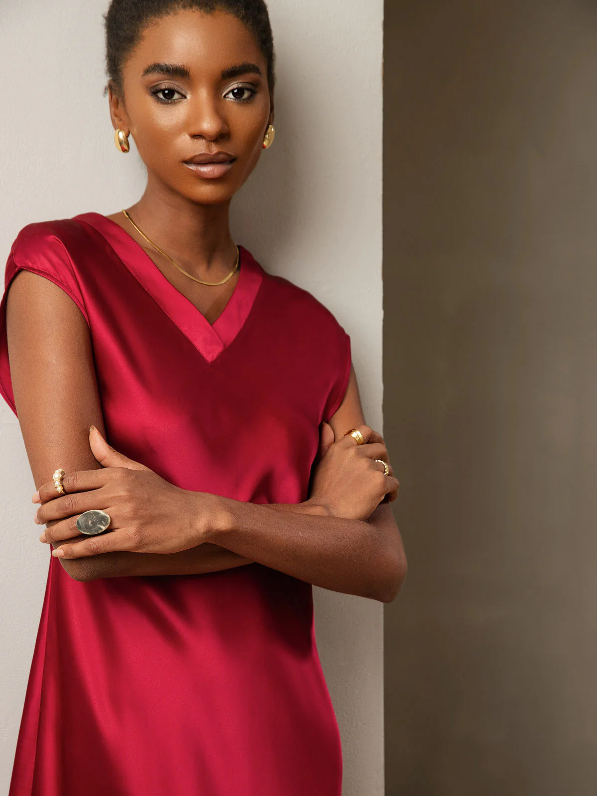Pure Silk Cap Sleeve V Neck Knee Dress - Image 33