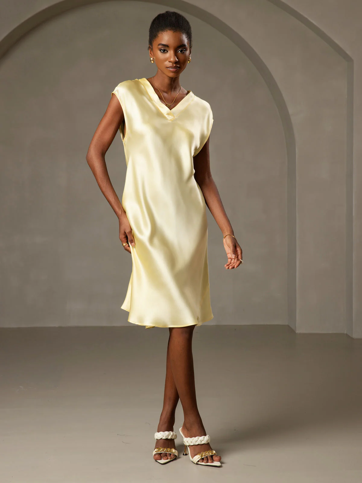 Pure Silk Cap Sleeve V Neck Knee Dress - Image 42