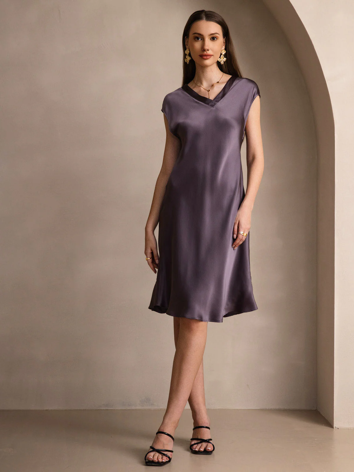 Pure Silk Cap Sleeve V Neck Knee Dress - Image 9