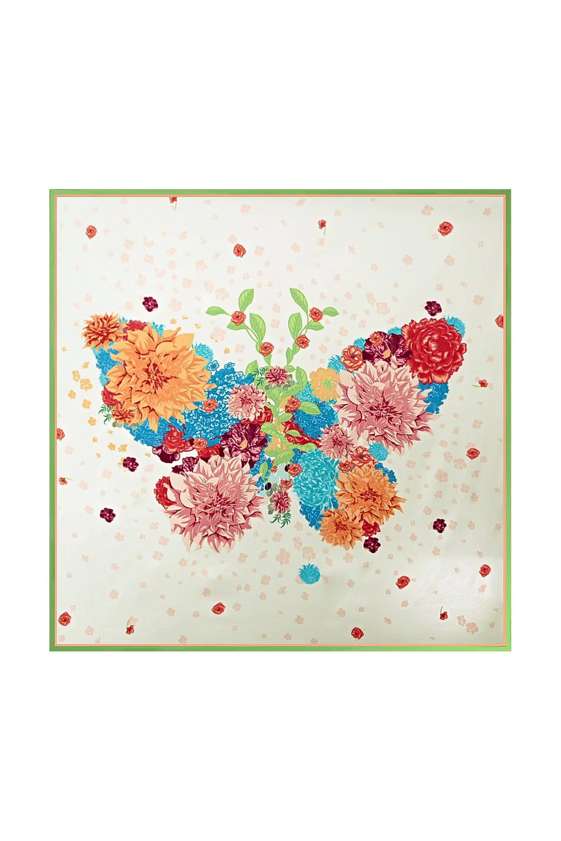 Pure Silk Floral Square Scarf with Green Trim 53*53 cm