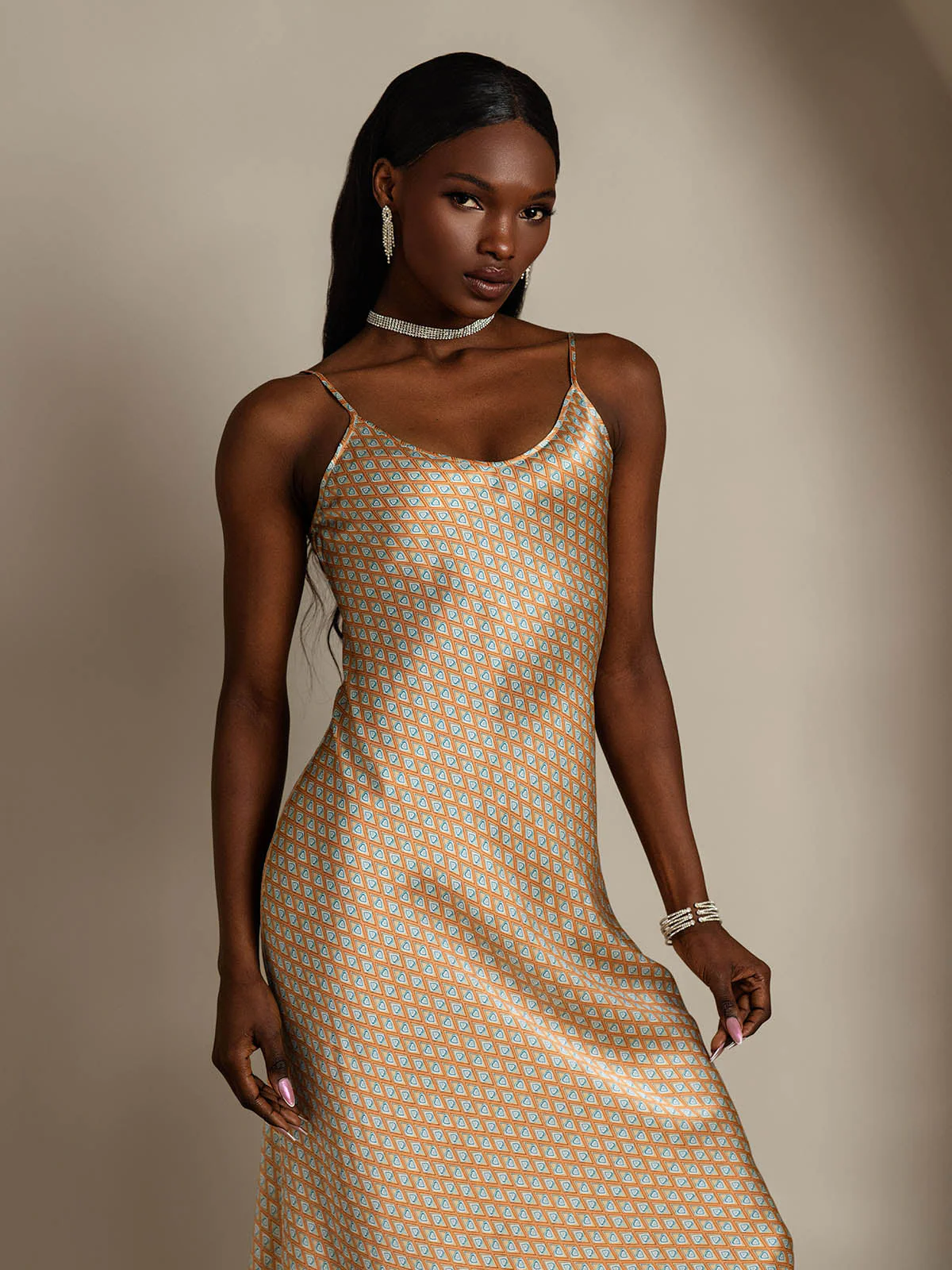 Pure Silk Geometric Print Spaghetti Strap V Neck Midi Dress - Image 4