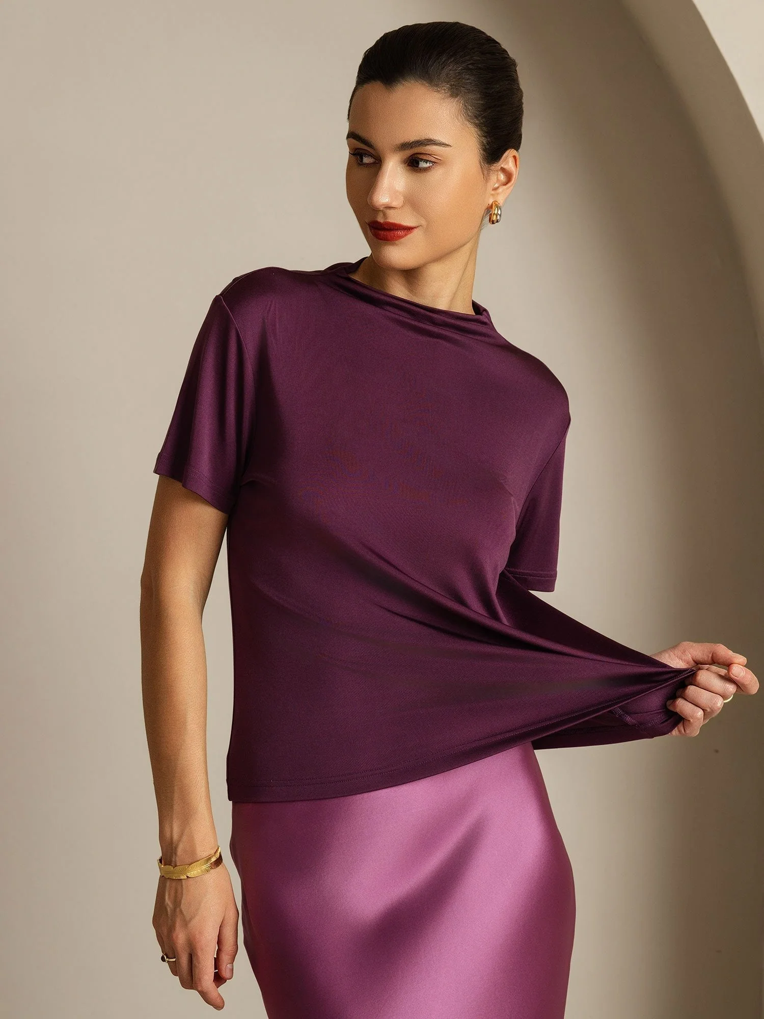Pure Silk Short Sleeve Mock Women's T-Shirt
