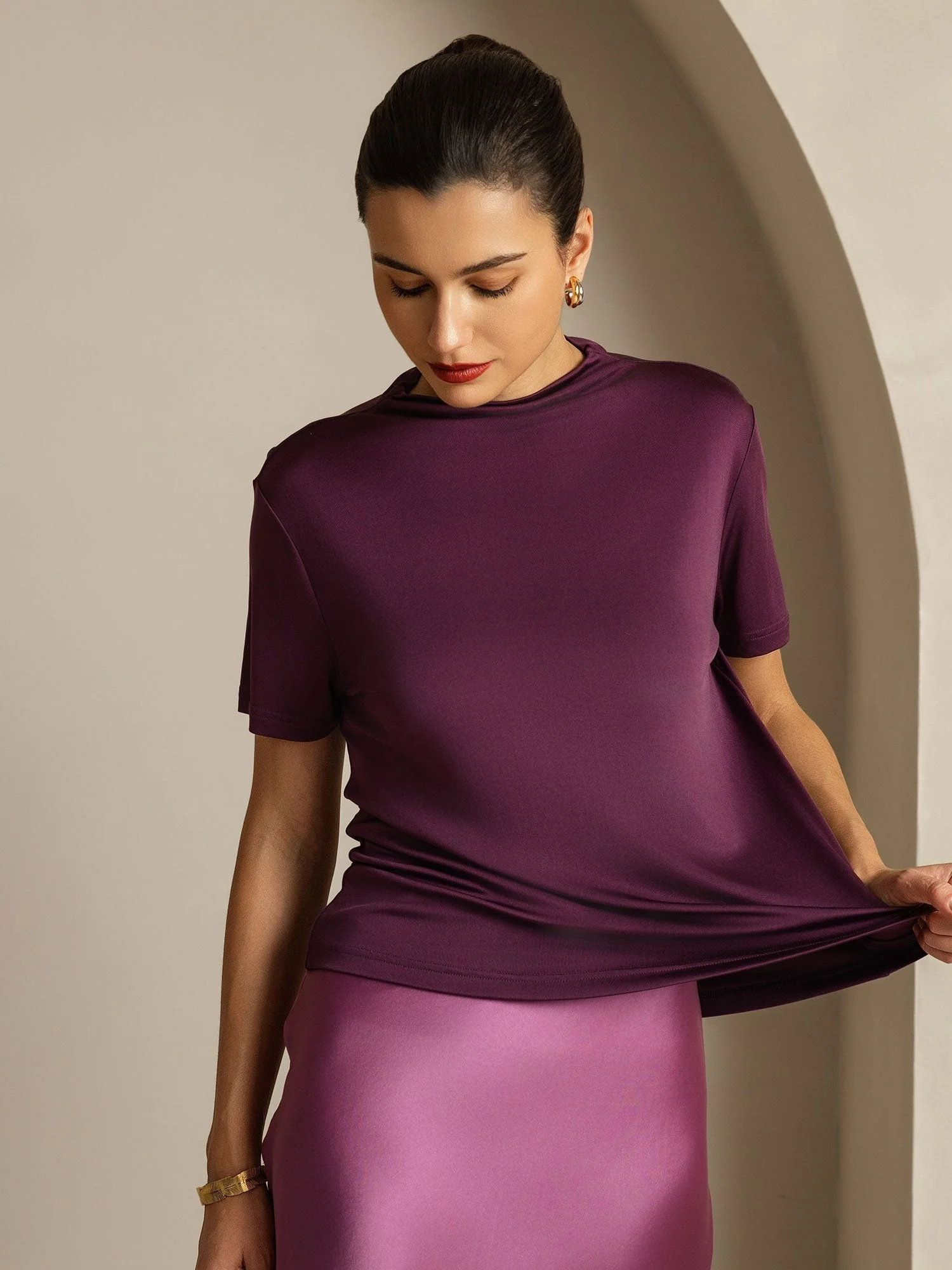 Pure Silk Short Sleeve Mock Women's T-Shirt - Image 3