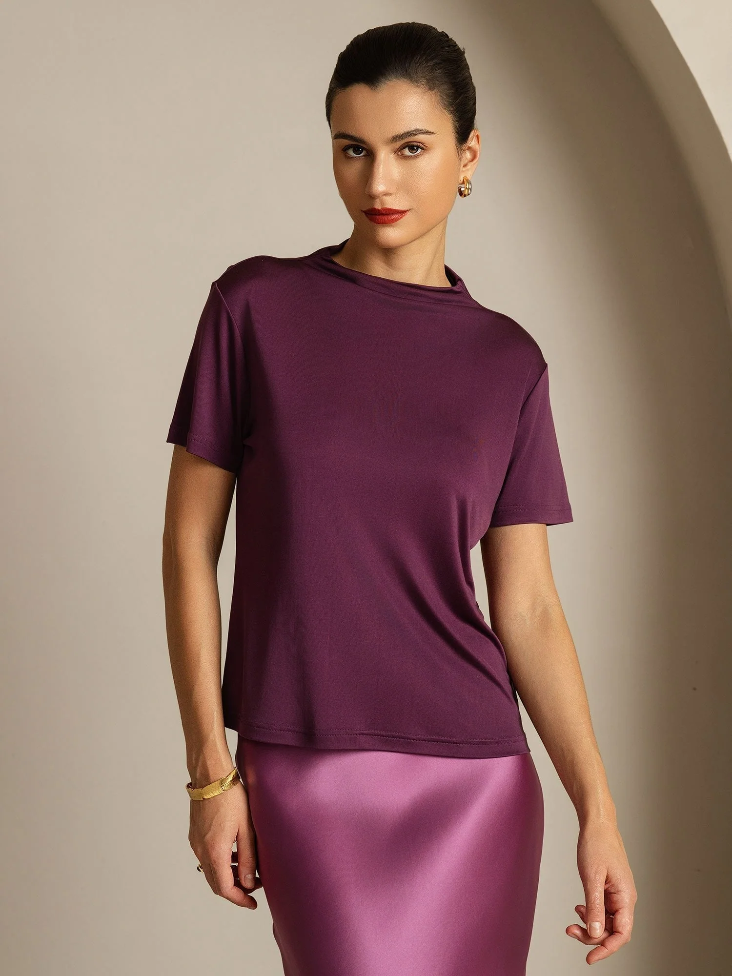 Pure Silk Short Sleeve Mock Women's T-Shirt - Image 5