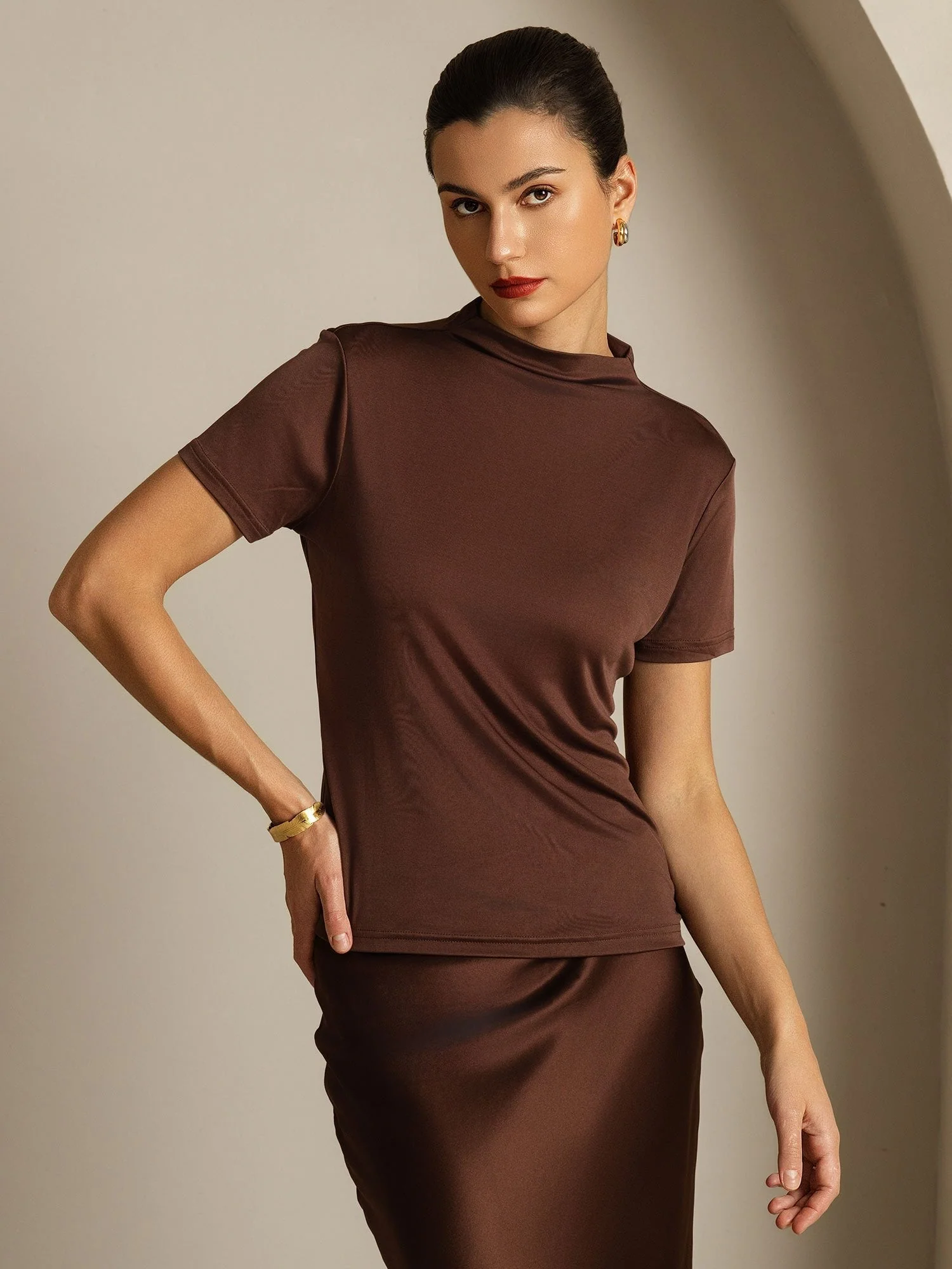 Pure Silk Short Sleeve Mock Women's T-Shirt - Image 9