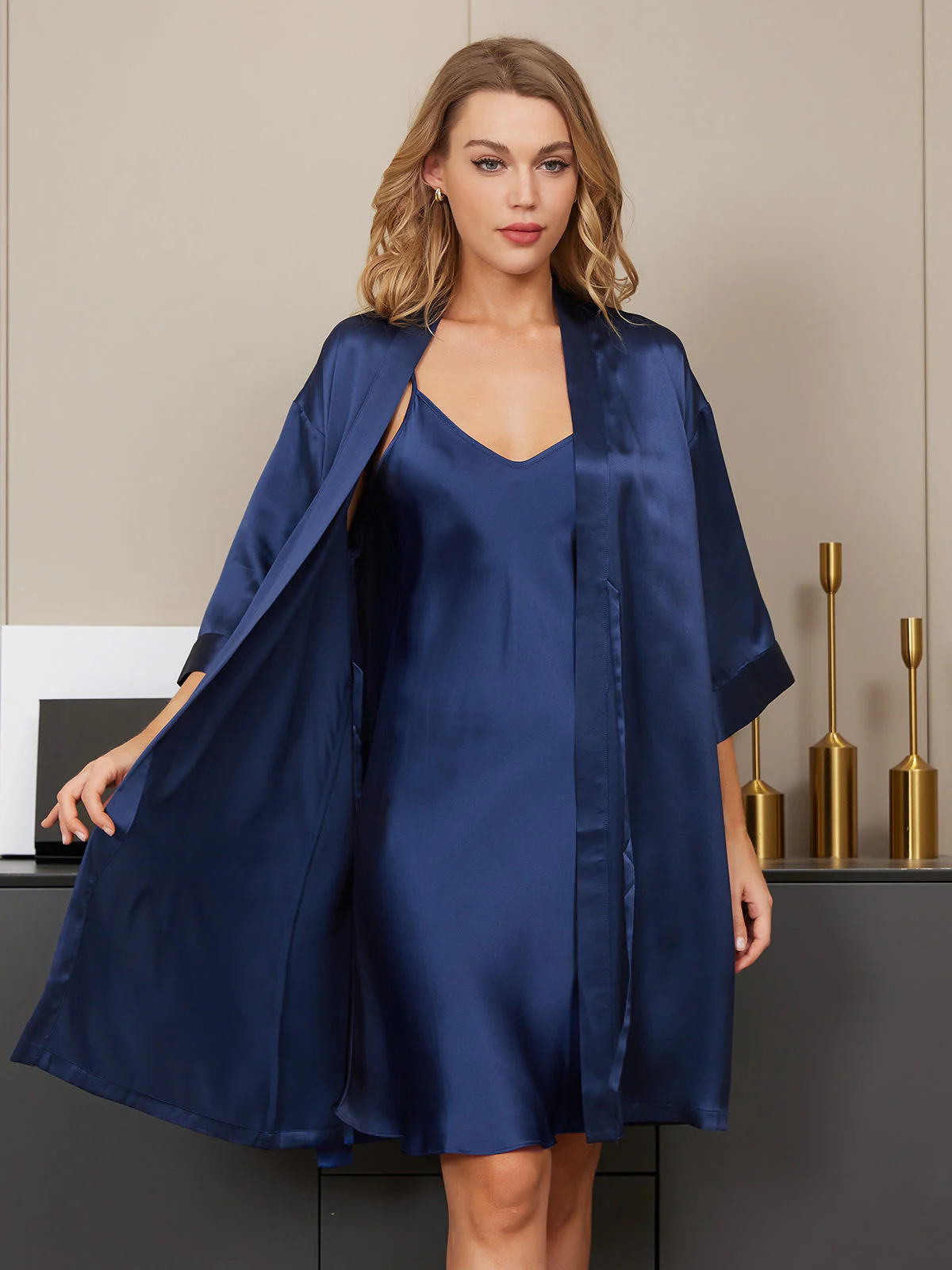 Pure Silk Kimono Dressing Gown & V‑Neck Nightgown Set - Image 10