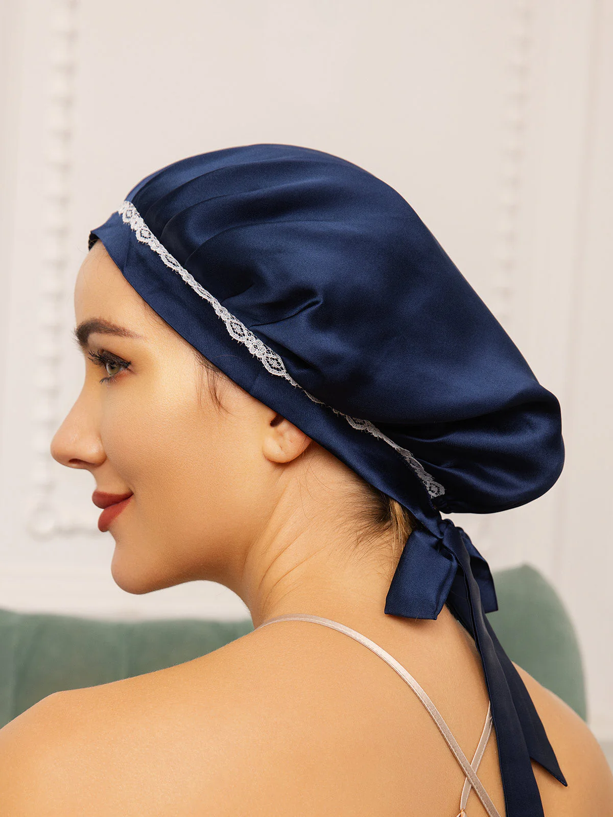 Pure Silk Night Bonnet with Lace Ribbons - Image 10