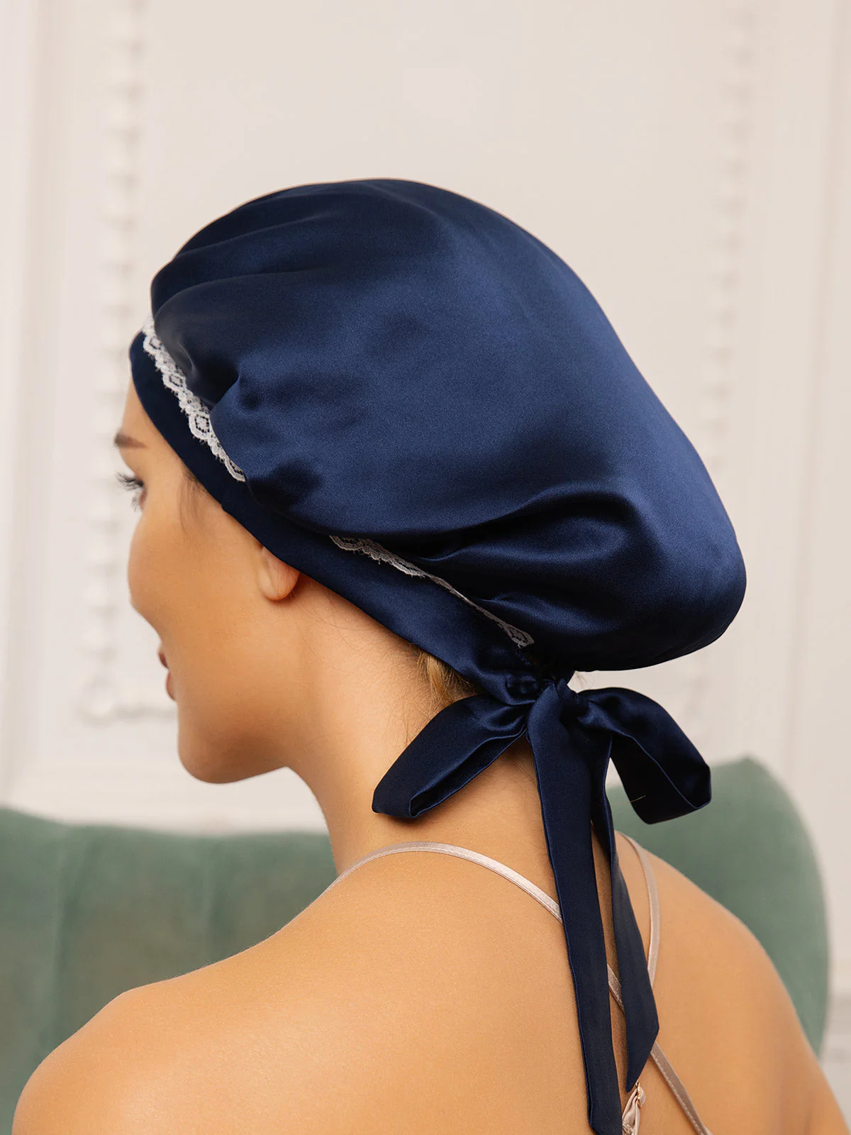 Pure Silk Night Bonnet with Lace Ribbons - Image 11