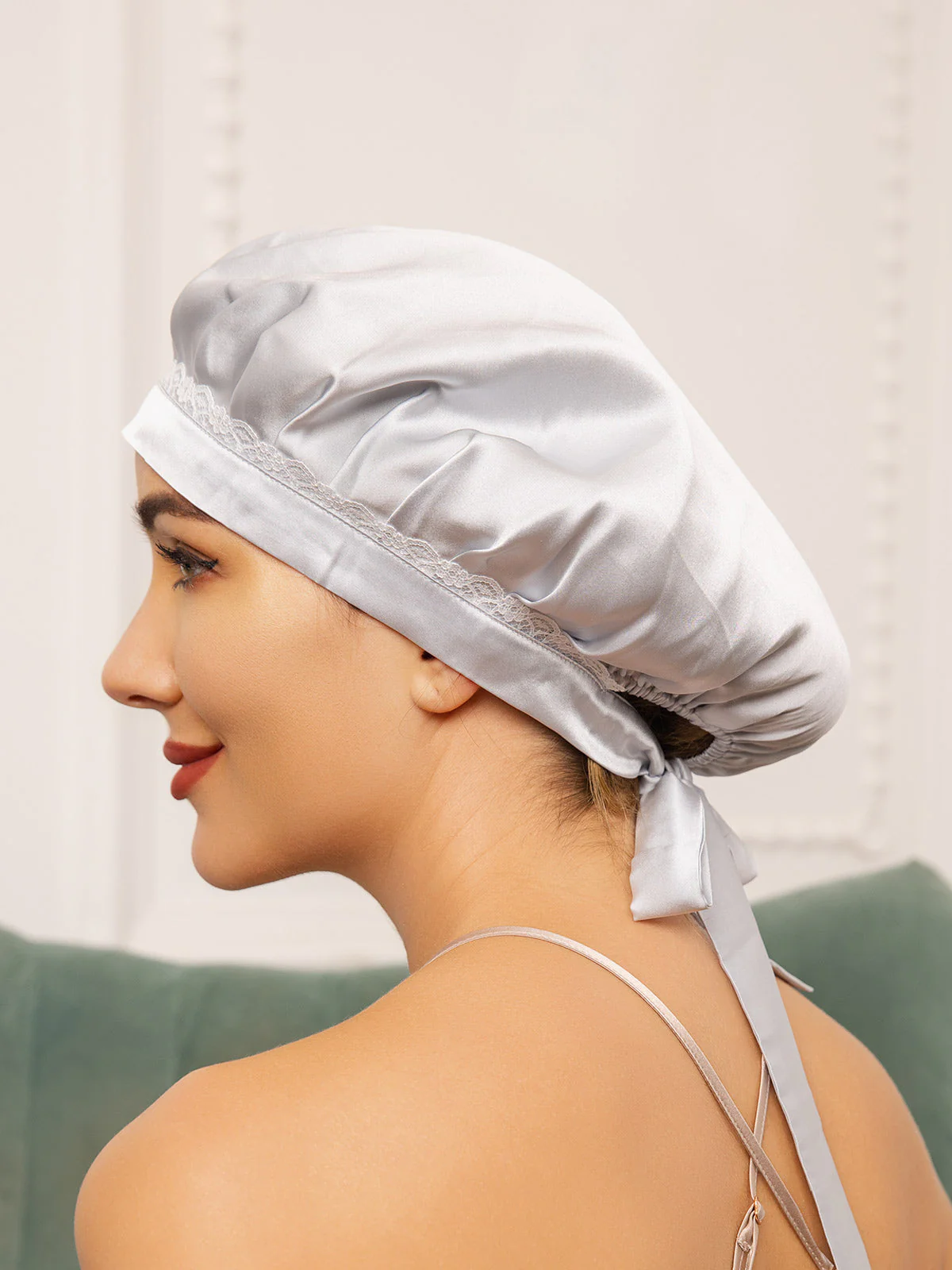 Pure Silk Night Bonnet with Lace Ribbons - Image 13