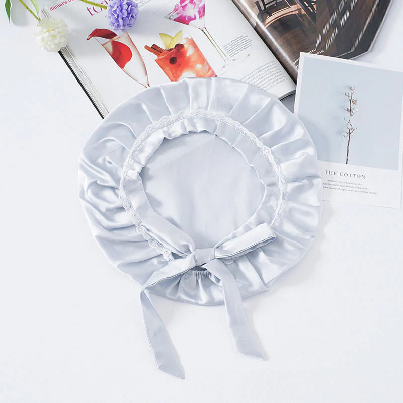 Pure Silk Night Bonnet with Lace Ribbons - Image 15