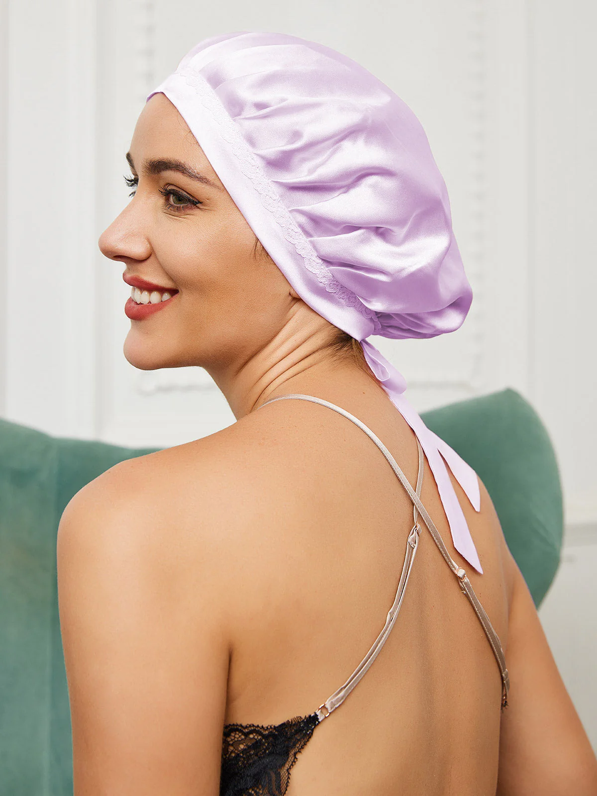 Pure Silk Night Bonnet with Lace Ribbons - Image 16