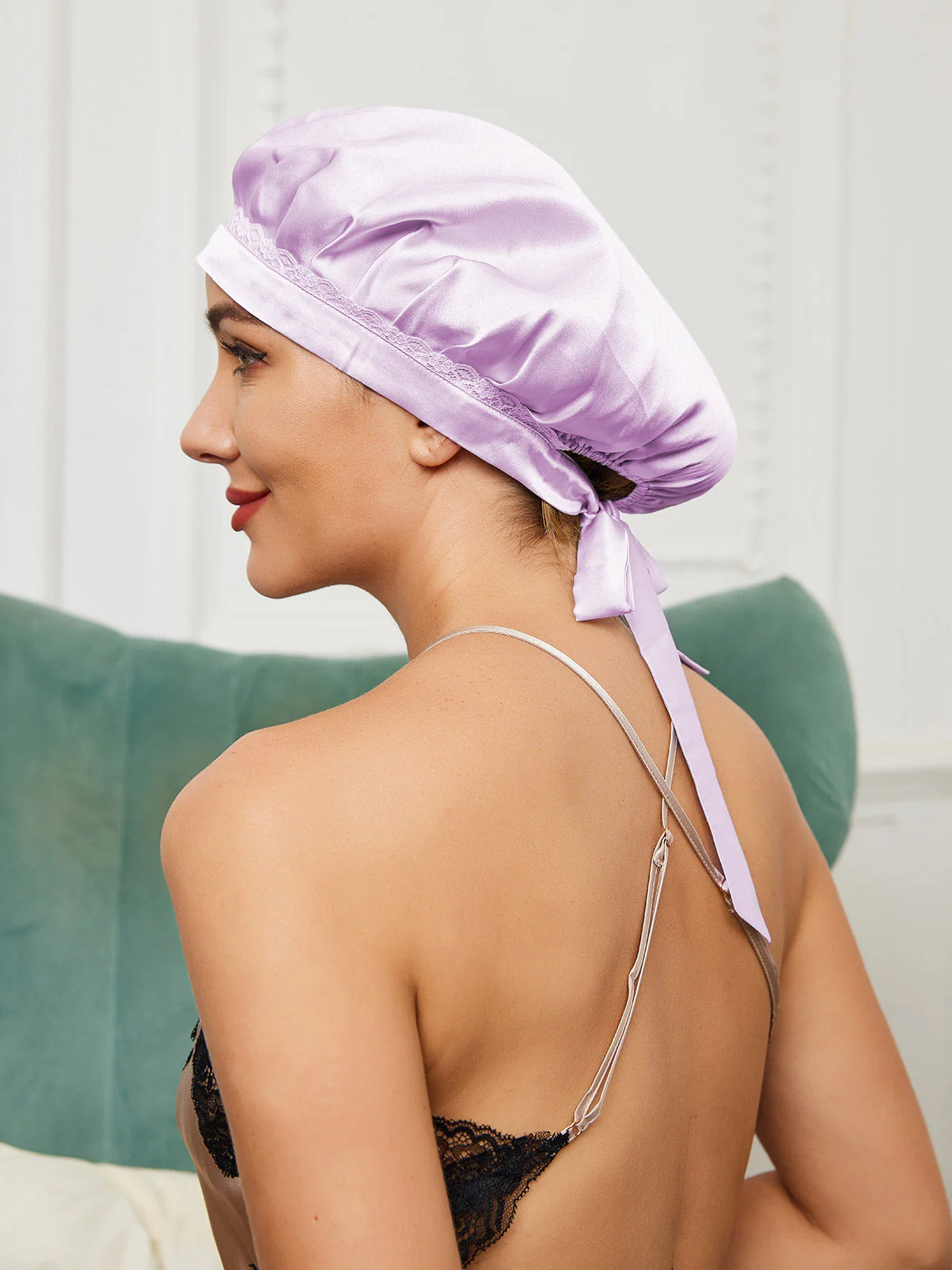 Pure Silk Night Bonnet with Lace Ribbons - Image 17