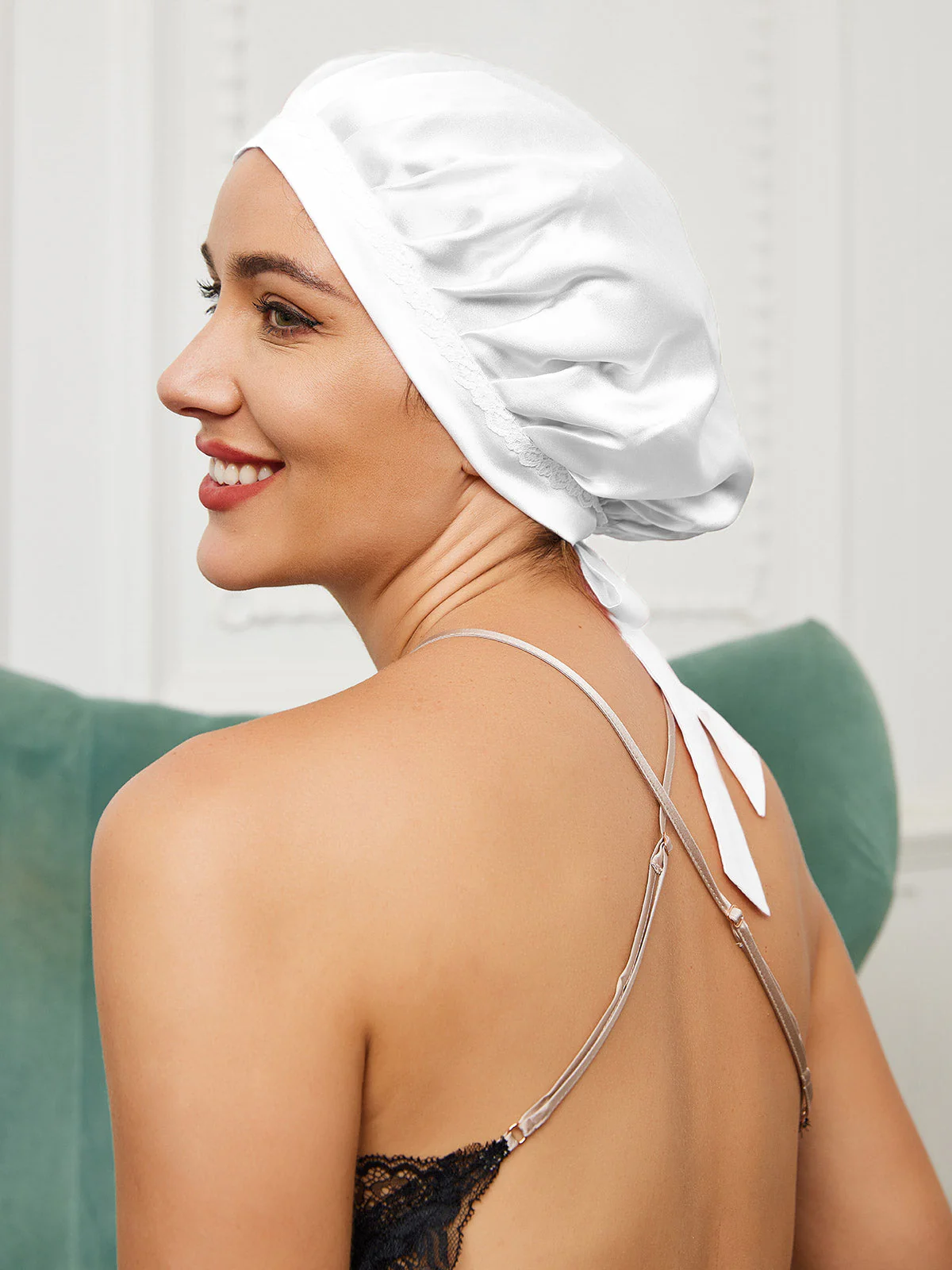 Pure Silk Night Bonnet with Lace Ribbons - Image 20