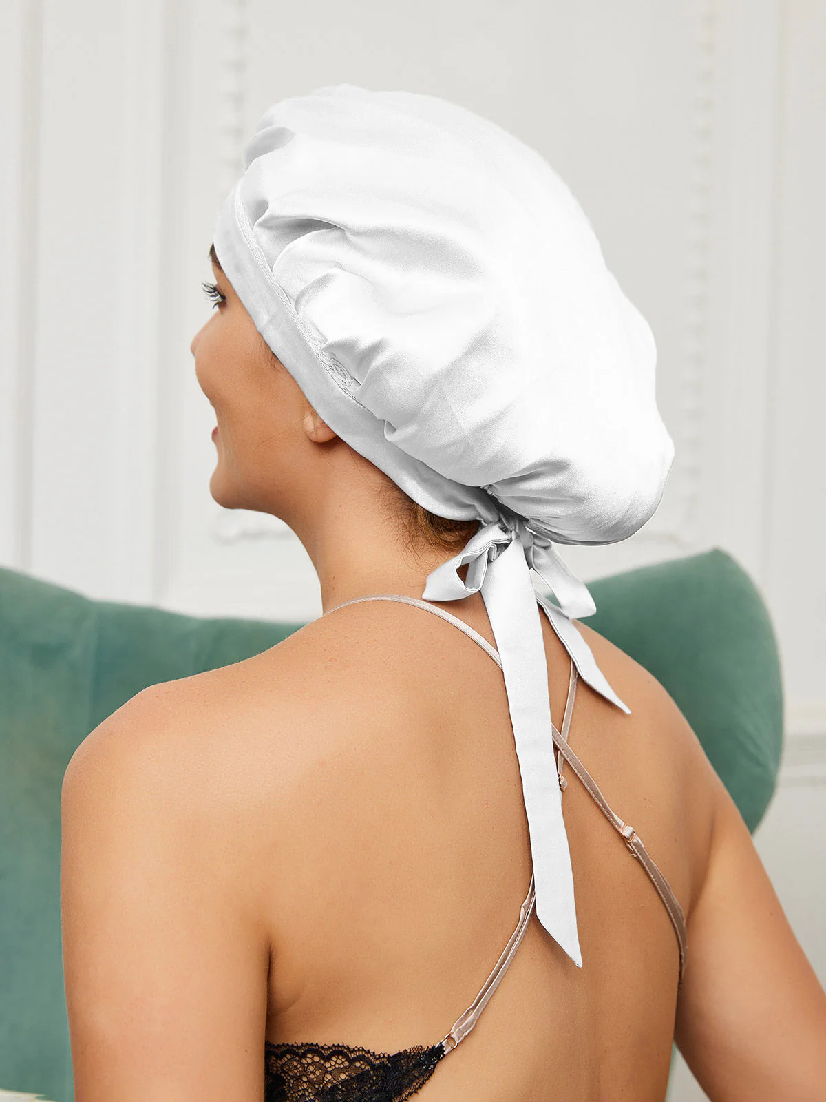 Pure Silk Night Bonnet with Lace Ribbons - Image 21
