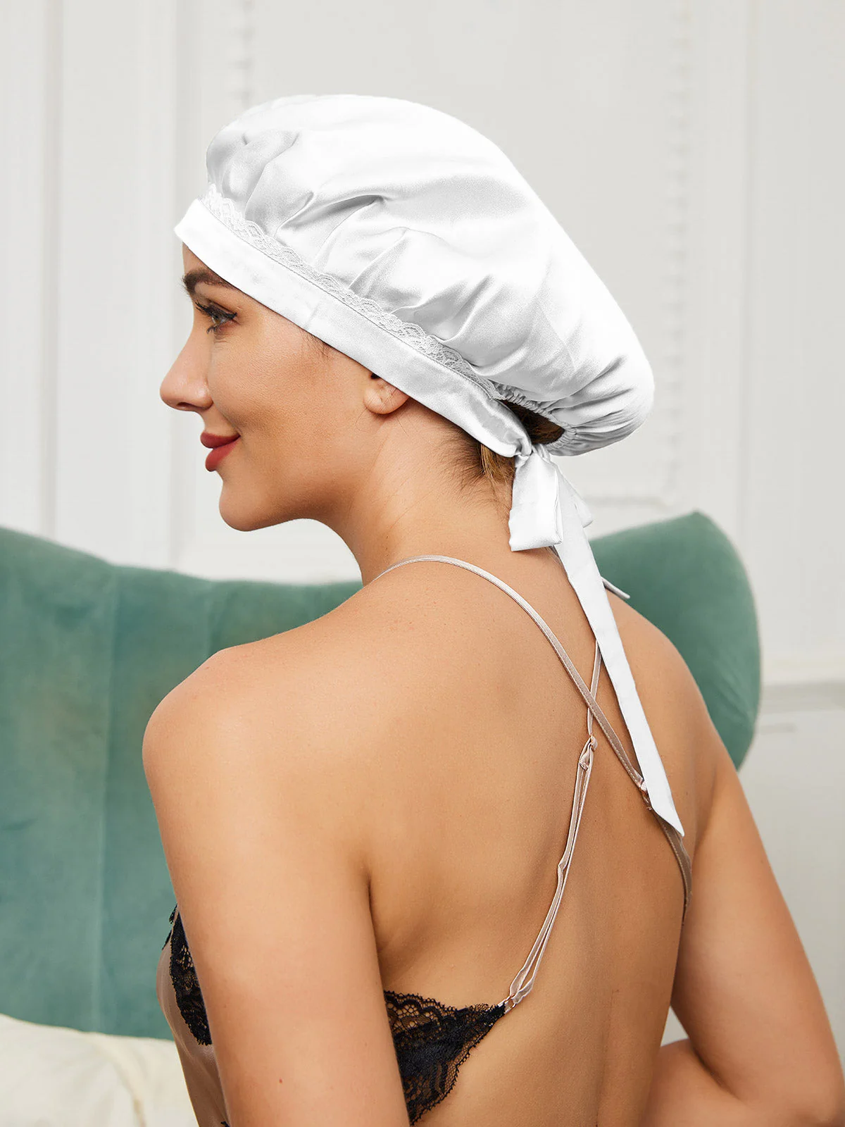 Pure Silk Night Bonnet with Lace Ribbons - Image 22