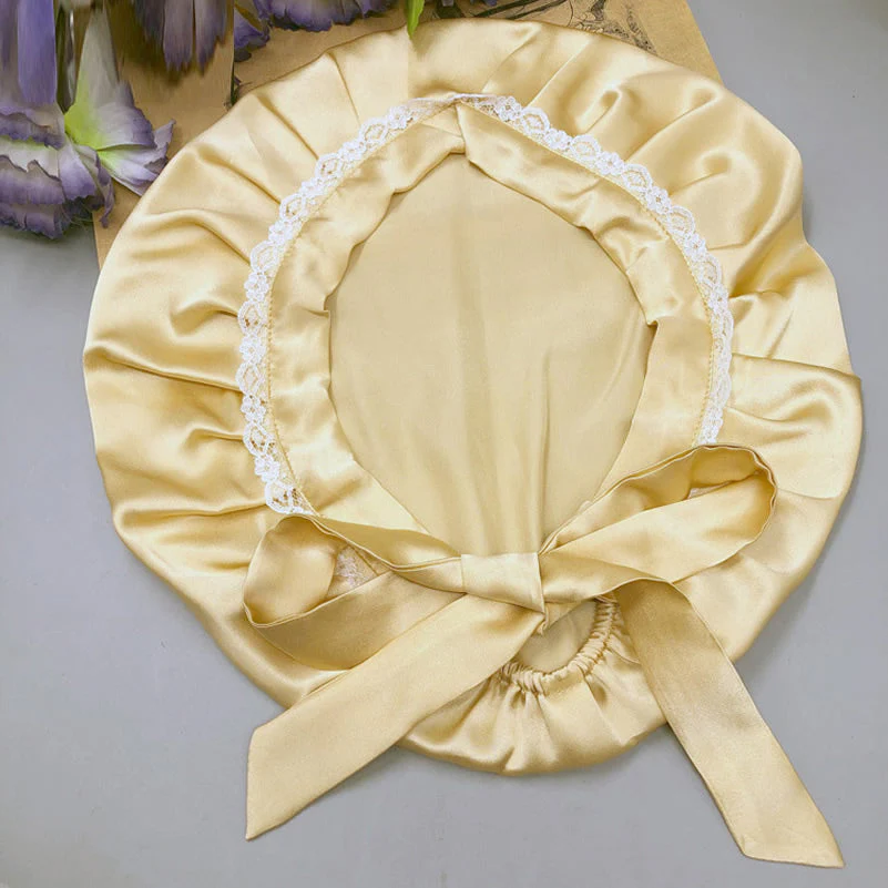 Pure Silk Night Bonnet with Lace Ribbons - Image 26