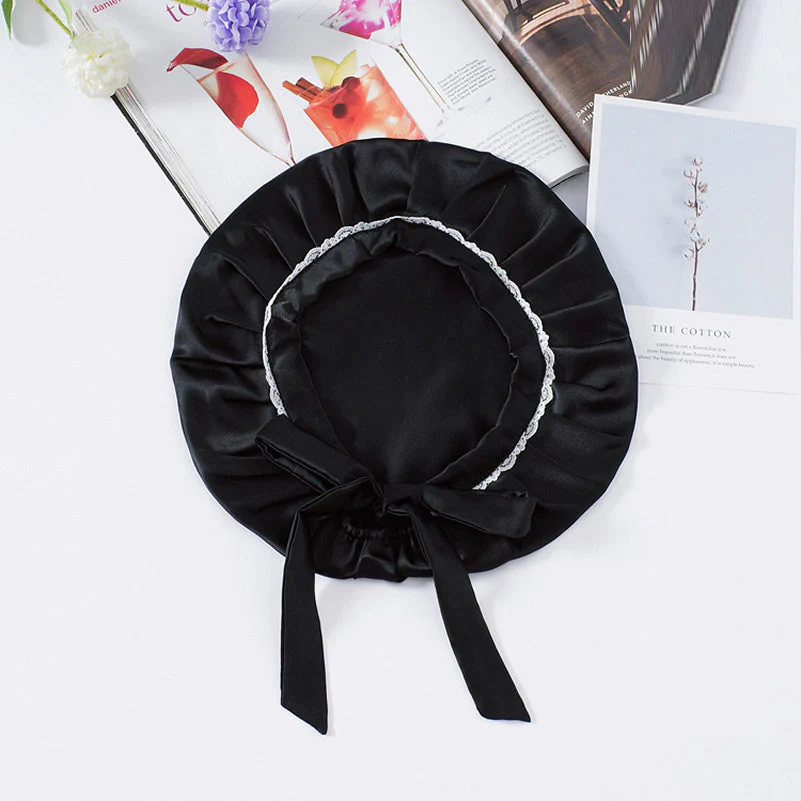 Pure Silk Night Bonnet with Lace Ribbons - Image 4