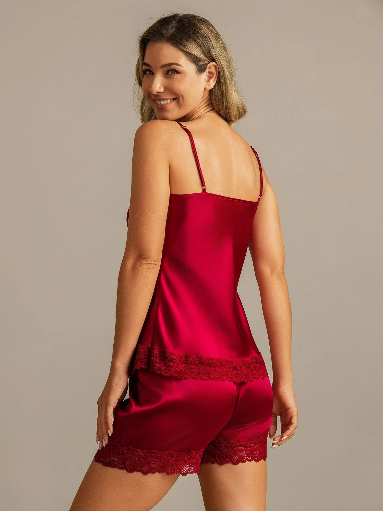 Pure Silk Lace Trim Spaghetti Strap V Neck Sexy Camisole Set - Image 2