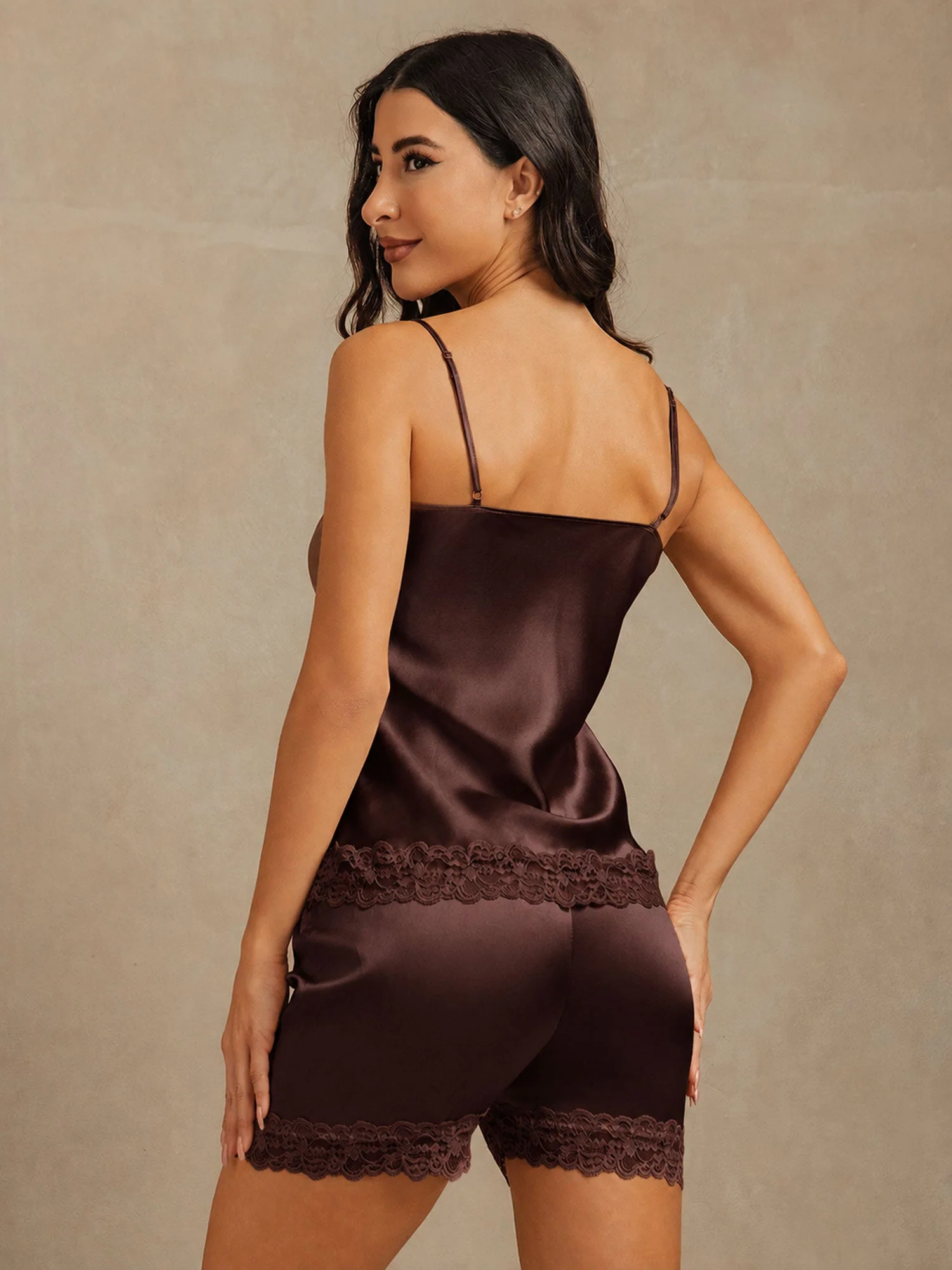 Pure Silk Lace Trim Spaghetti Strap V Neck Sexy Camisole Set - Image 41