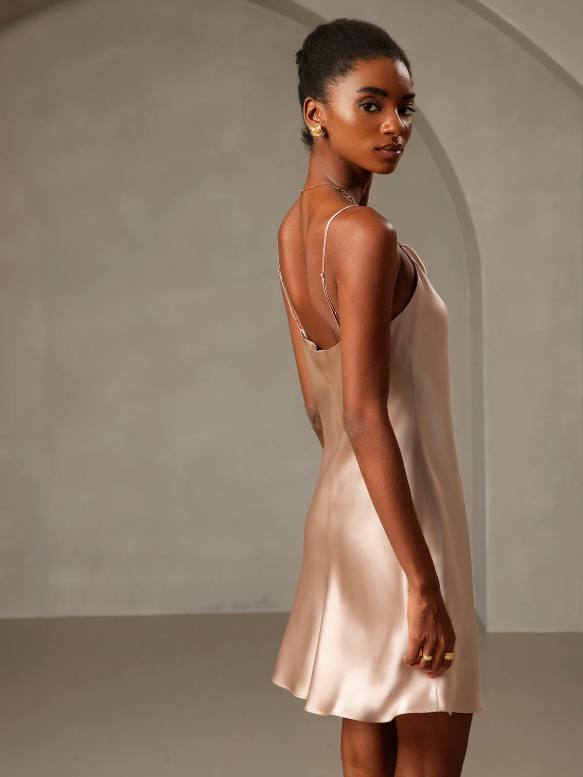 Pure Silk Spaghetti Strap Cowl Neck Short Dress - Image 22