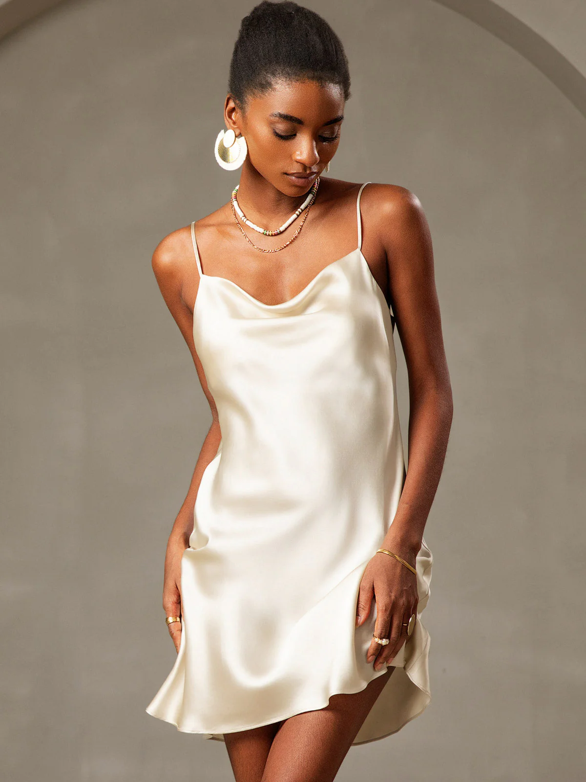Pure Silk Spaghetti Strap Cowl Neck Short Dress - Image 47