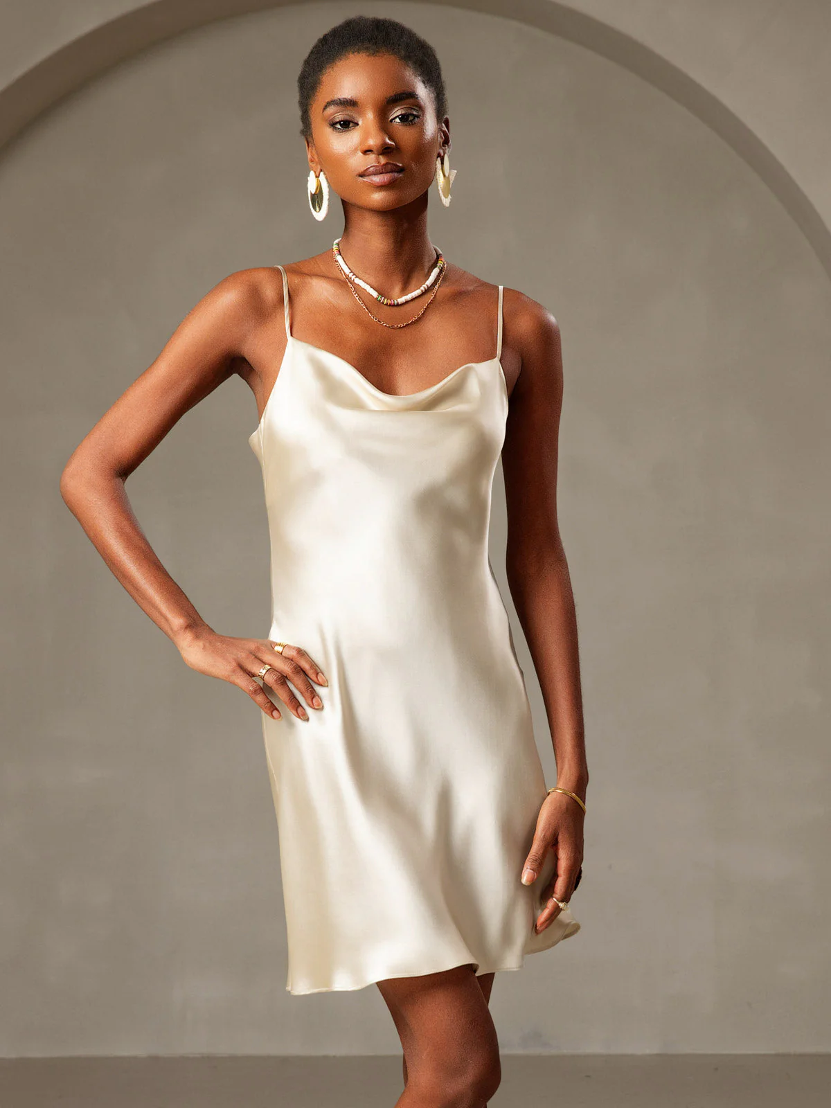 Pure Silk Spaghetti Strap Cowl Neck Short Dress - Image 49