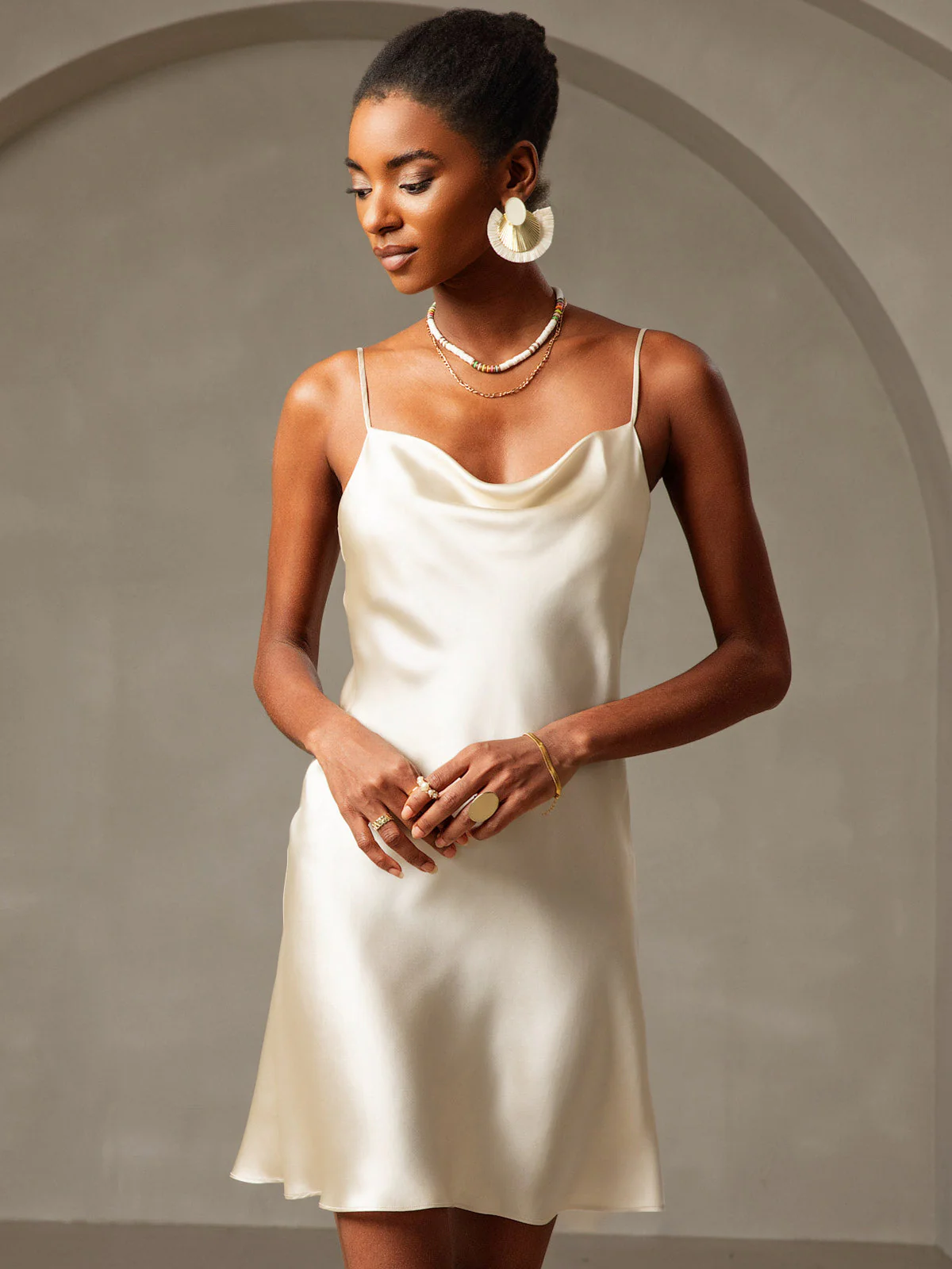 Pure Silk Spaghetti Strap Cowl Neck Short Dress - Image 50