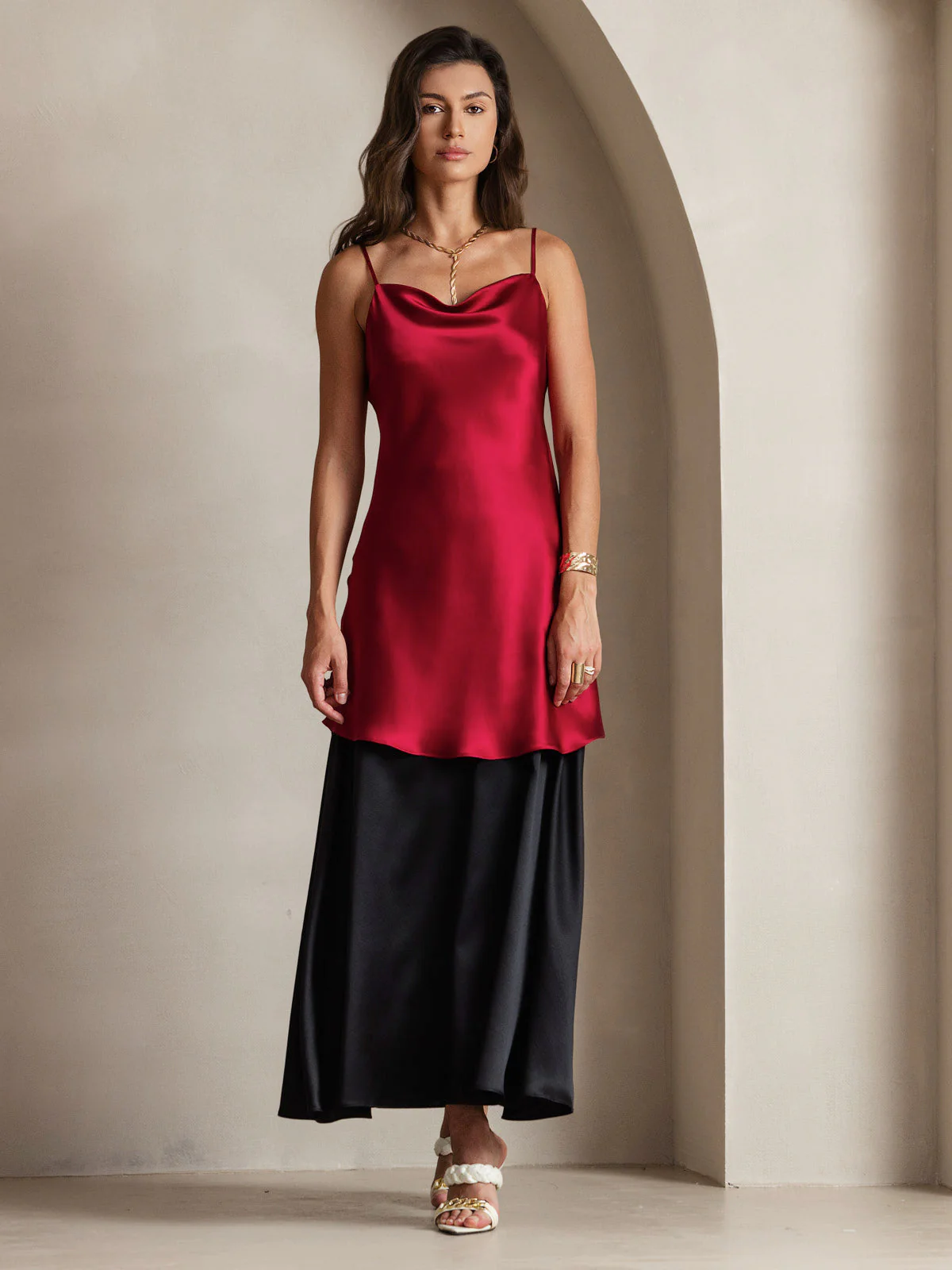 Pure Silk Spaghetti Strap Cowl Neck Short Dress - Image 7