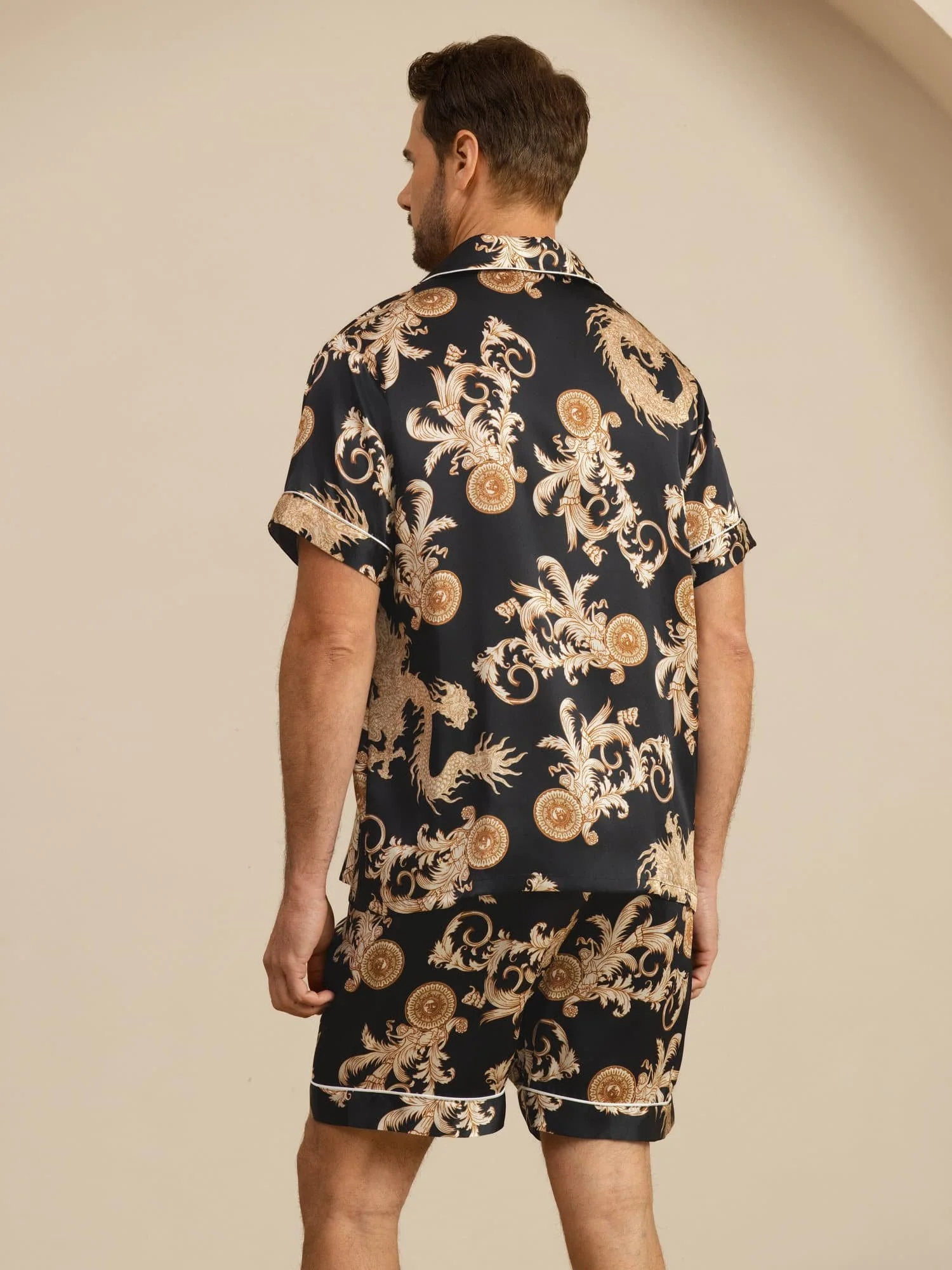 Pure Silk Men's Dragon Print  Short Sleeve Notch Collar Pajamas Set - Image 2