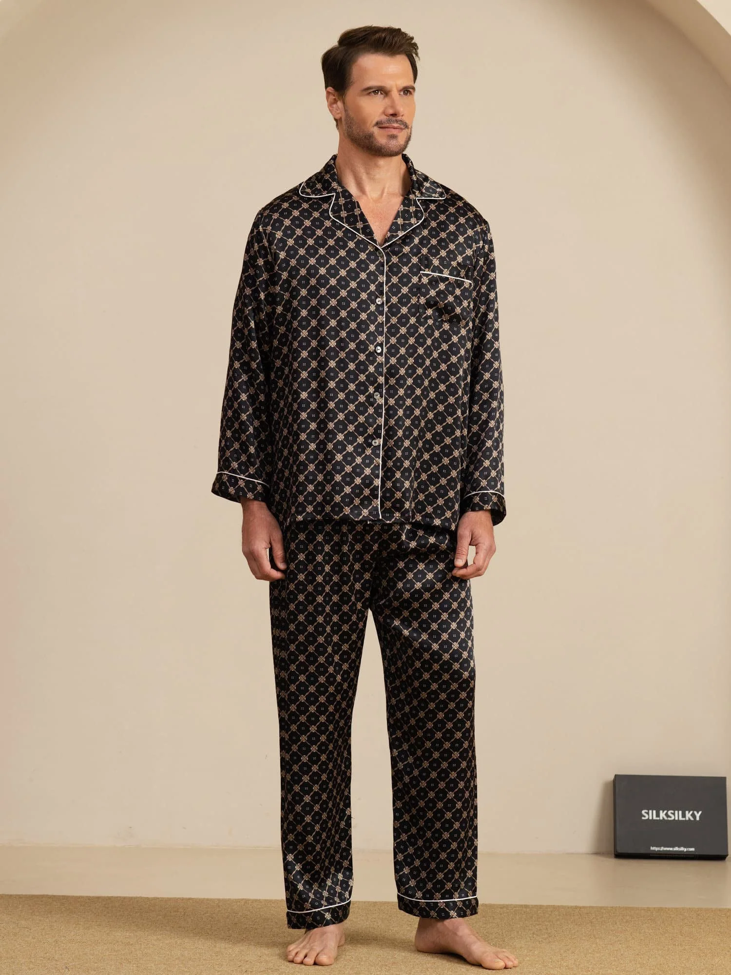 Pure Silk Navy Chain Print Long Sleeve Men's Pajamas Set With Pants - Image 13