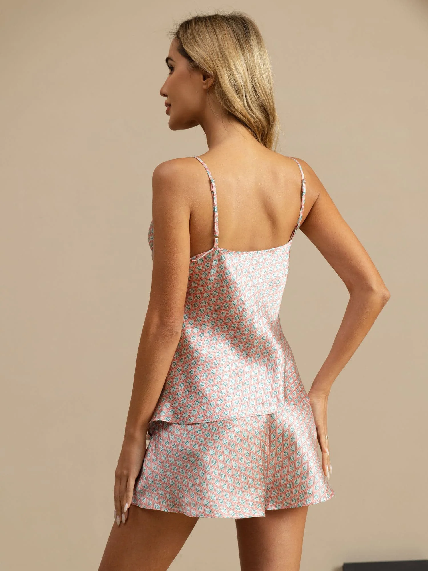 Pure Silk Geometric Print Spaghetti Strap V Neck Camisole Set - Image 7
