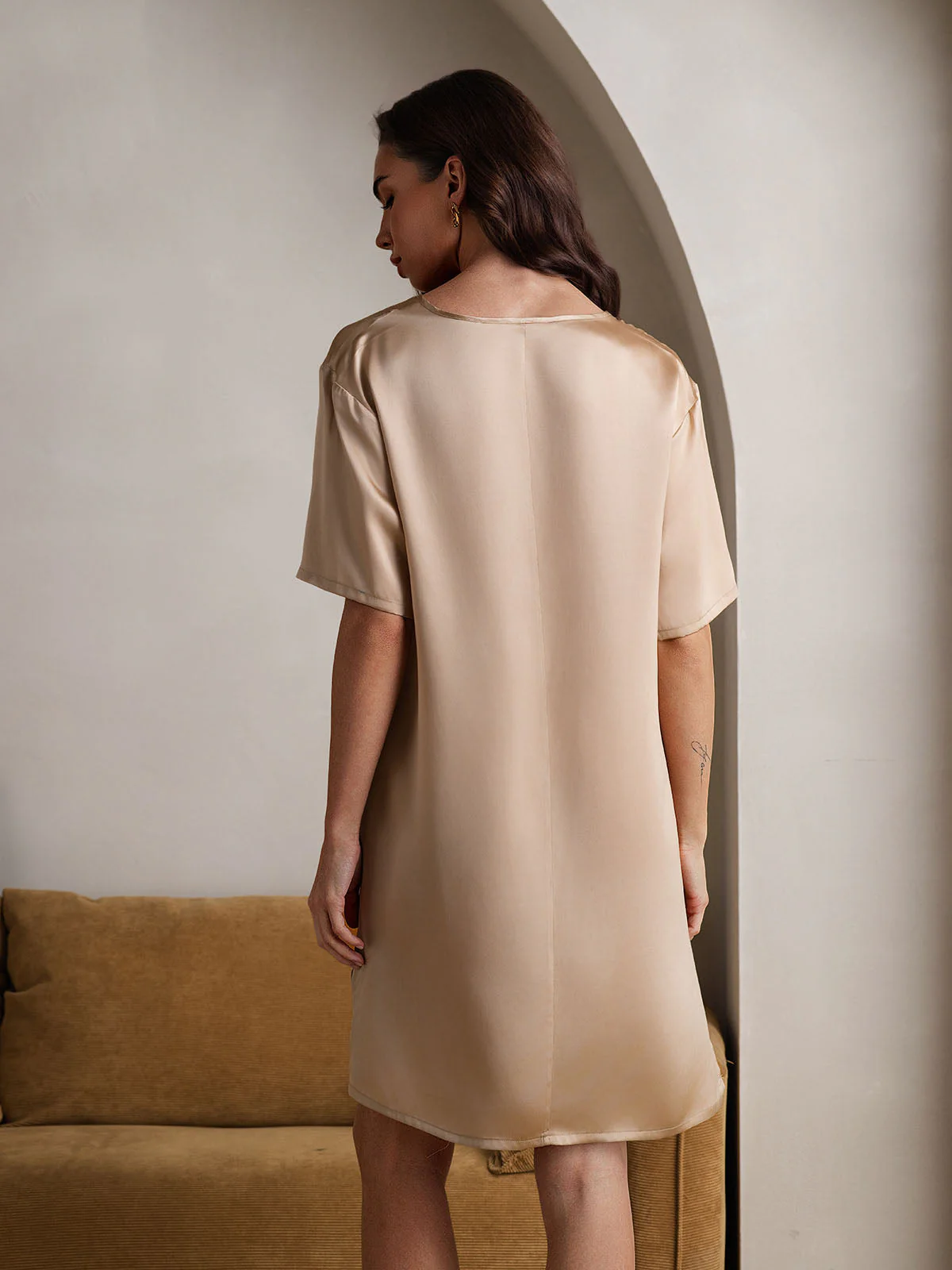 Pure Silk Half Sleeve V-neck Short Nightgown with Split Design - Image 38