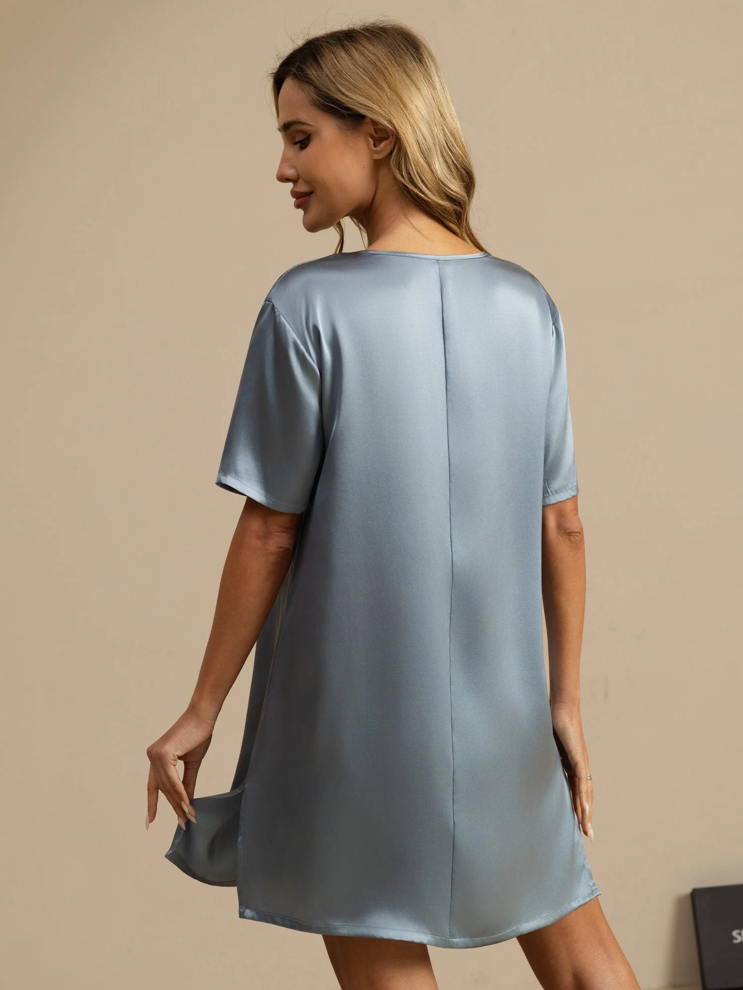 Pure Silk Half Sleeve V-neck Short Nightgown with Split Design - Image 46