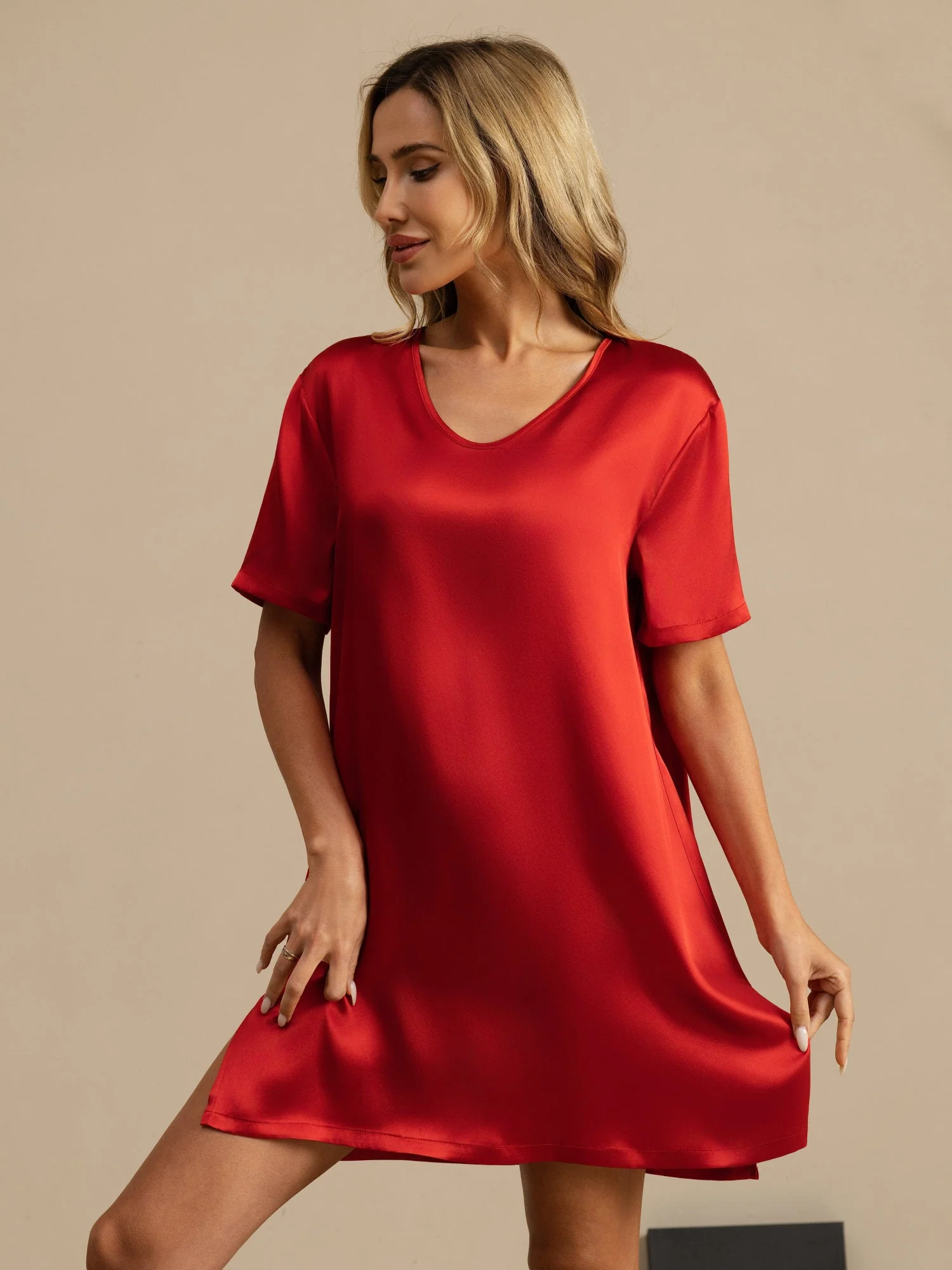 Pure Silk Half Sleeve V-neck Short Nightgown with Split Design - Image 54