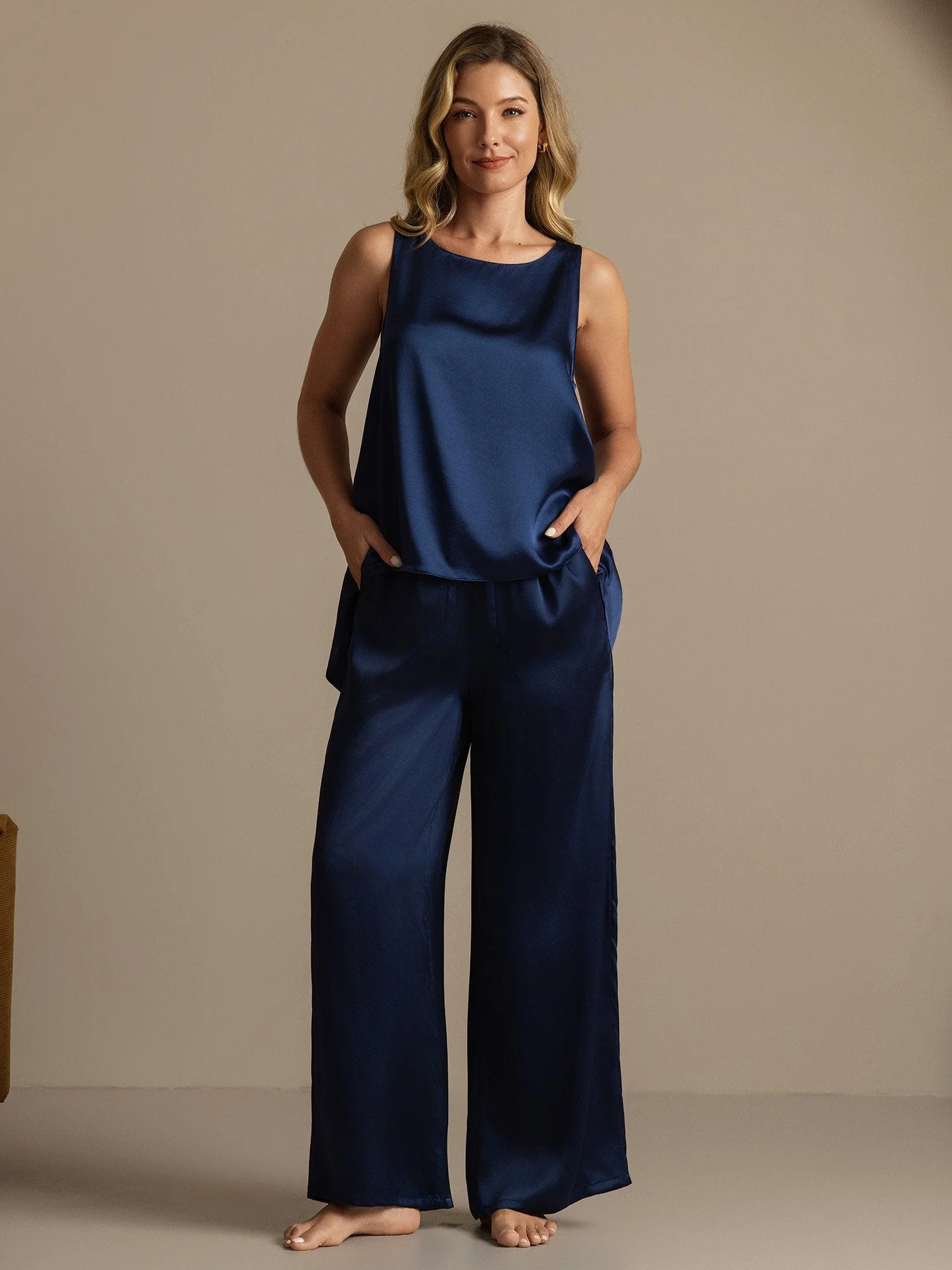 Pure Silk Sleeveless U-Neck Backless High-low Tank Top & Wide Leg Pants Set - Image 15