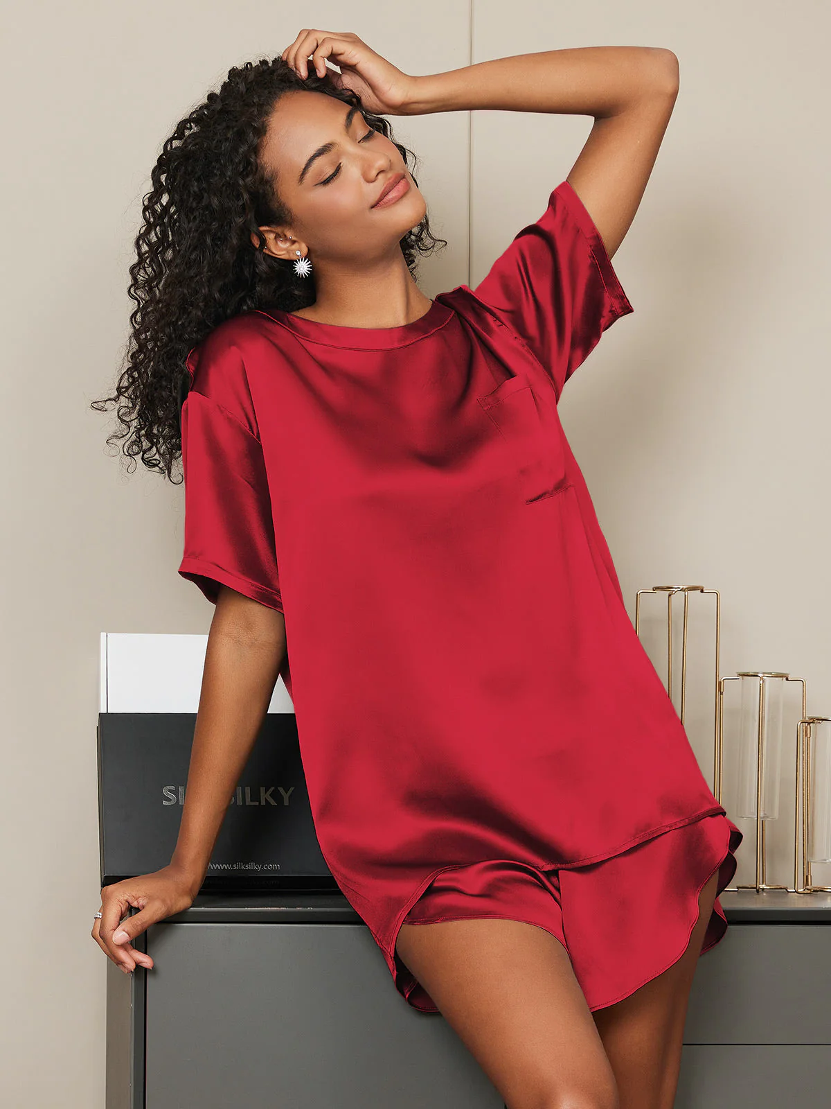 Pure Silk Short Sleeve Round Neck Women's Pyjamas Set - Image 39