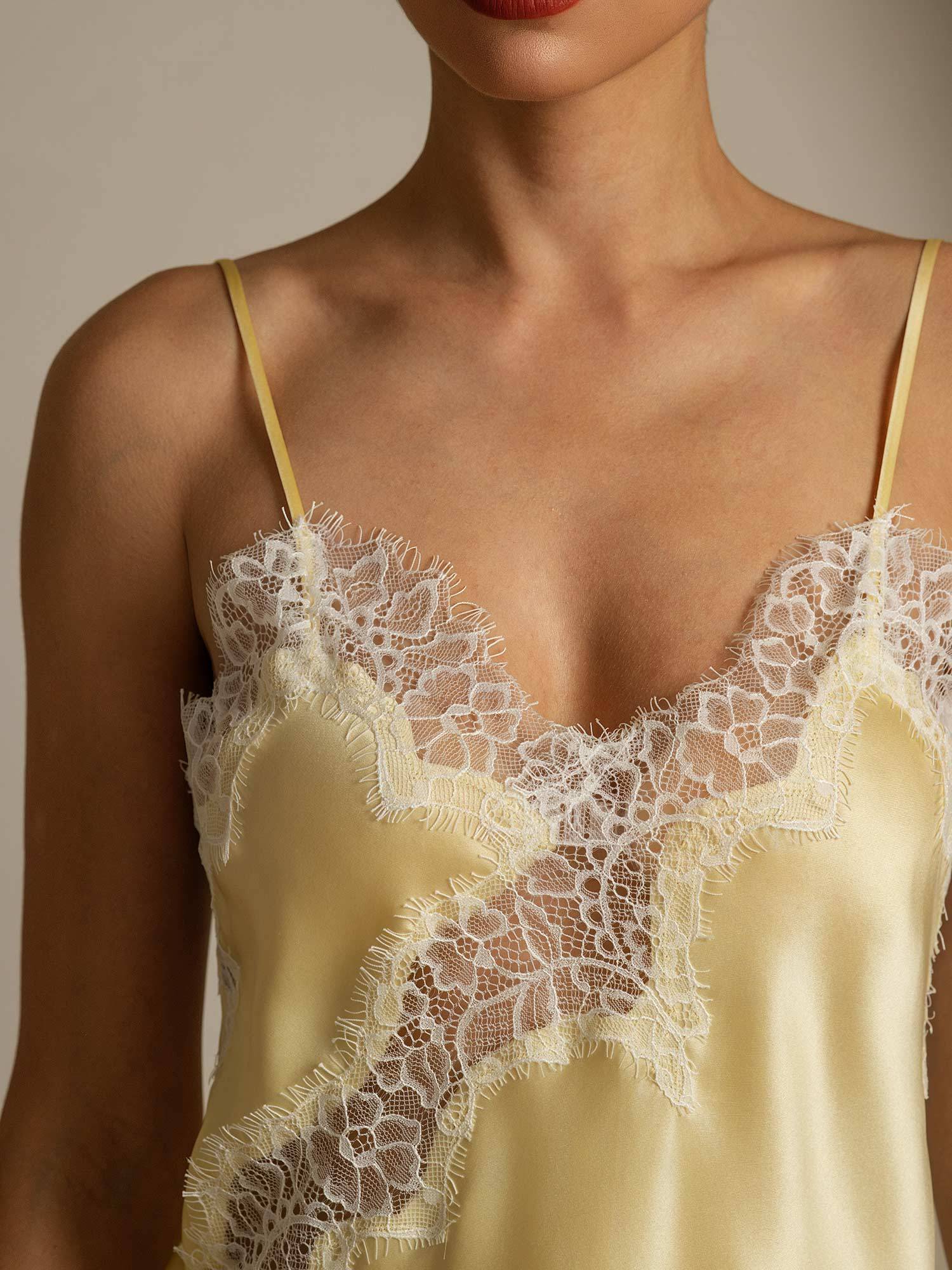 100% Mulberry Silk Spaghetti Straps Lace Camisole Top with Asymmetrical Hem - Image 21