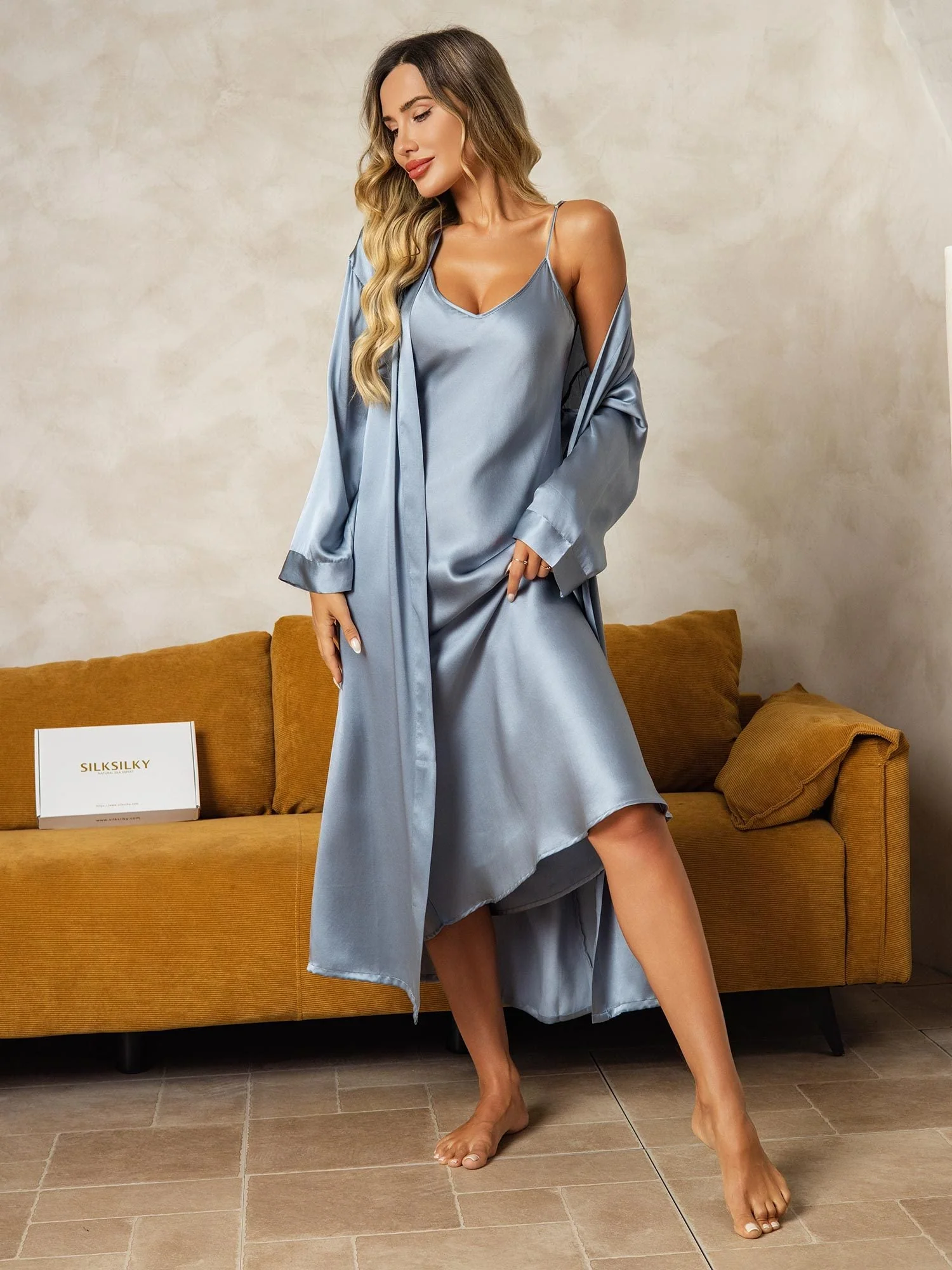 Pure Silk V-Neck Midi Nightgown & Dressing Gown Set 2Pcs - Image 20