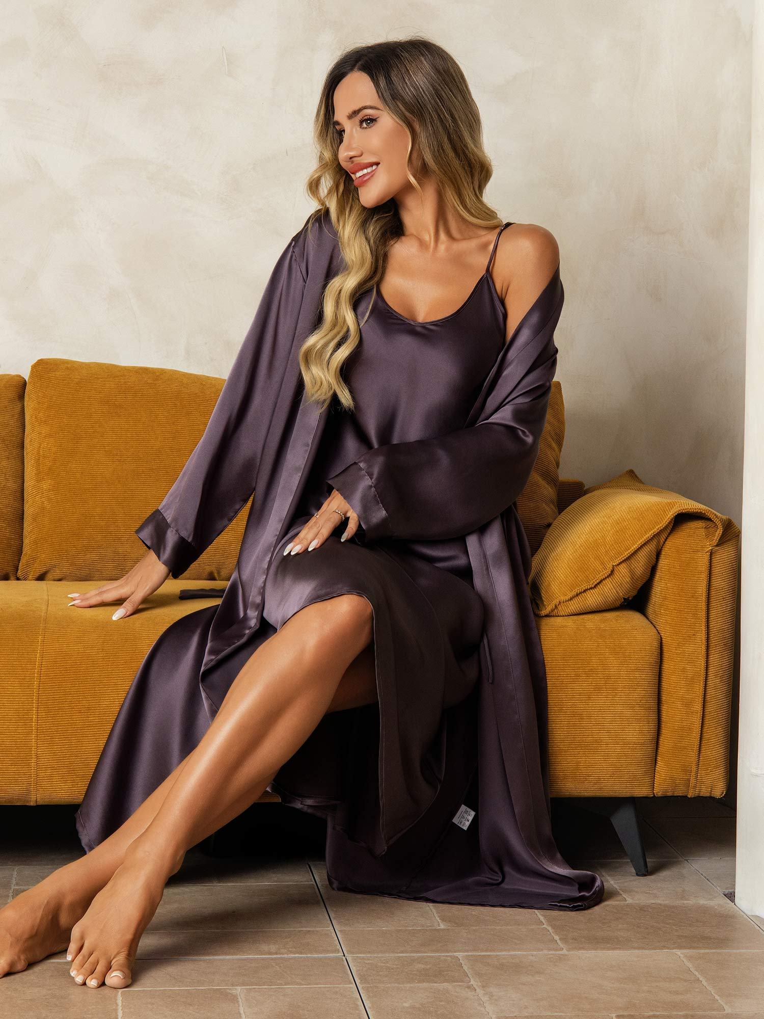 Pure Silk V-Neck Midi Nightgown & Dressing Gown Set 2Pcs - Image 29
